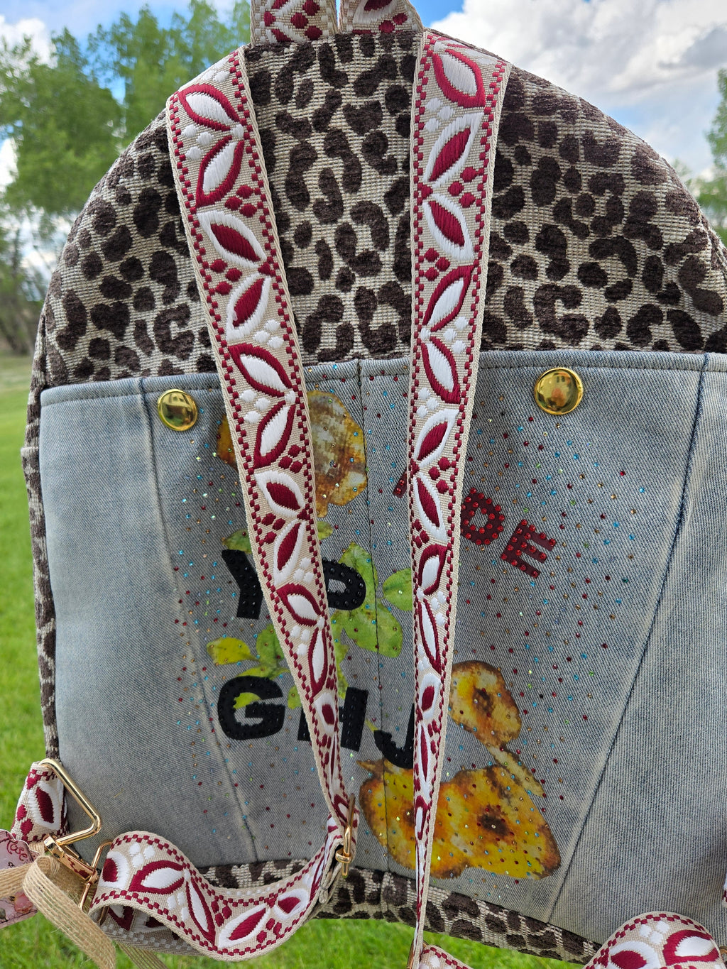 Handmade Jean and cheetah Backpack for Women and Men
