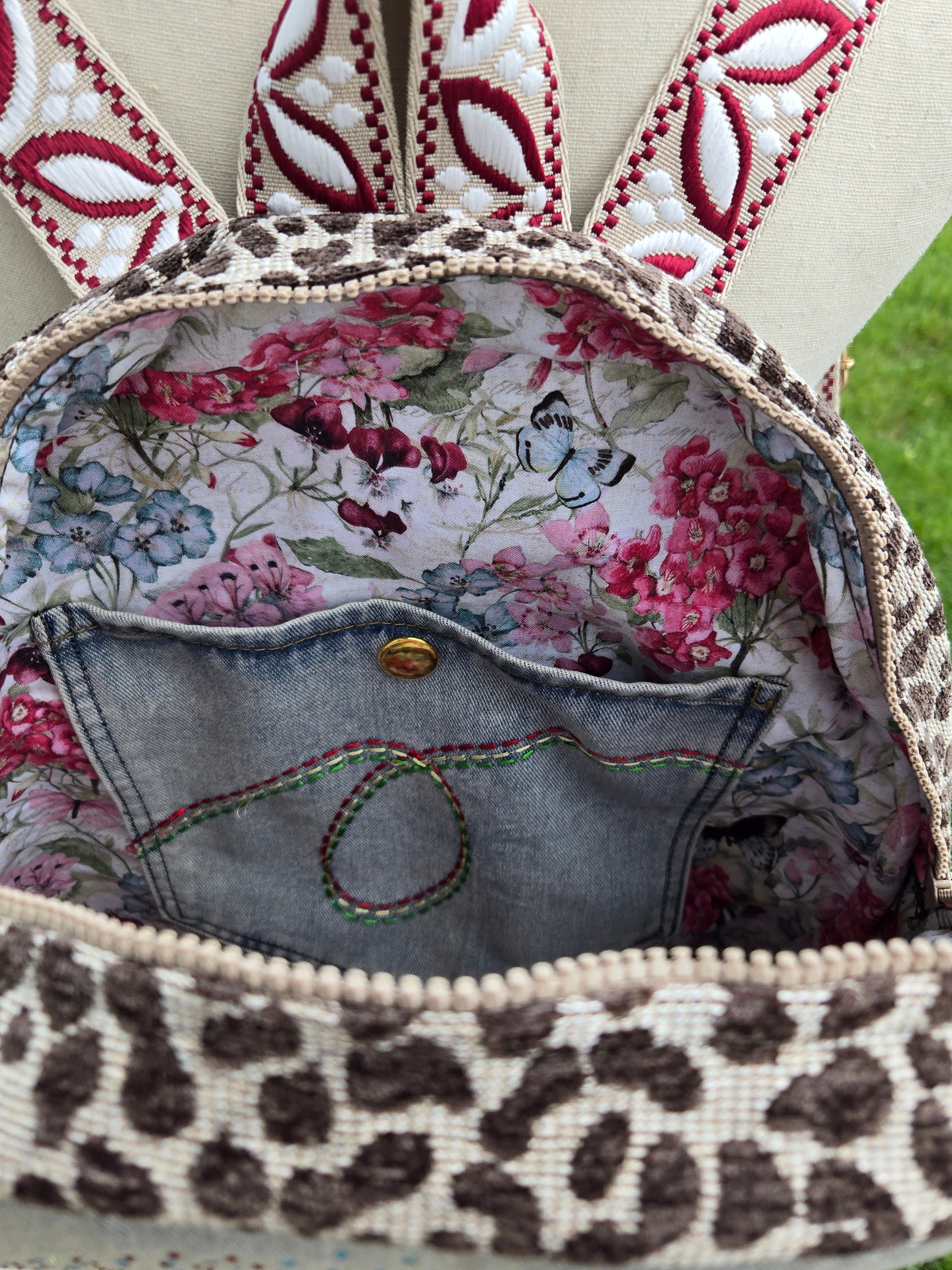 Handmade Jean and cheetah Backpack for Women and Men