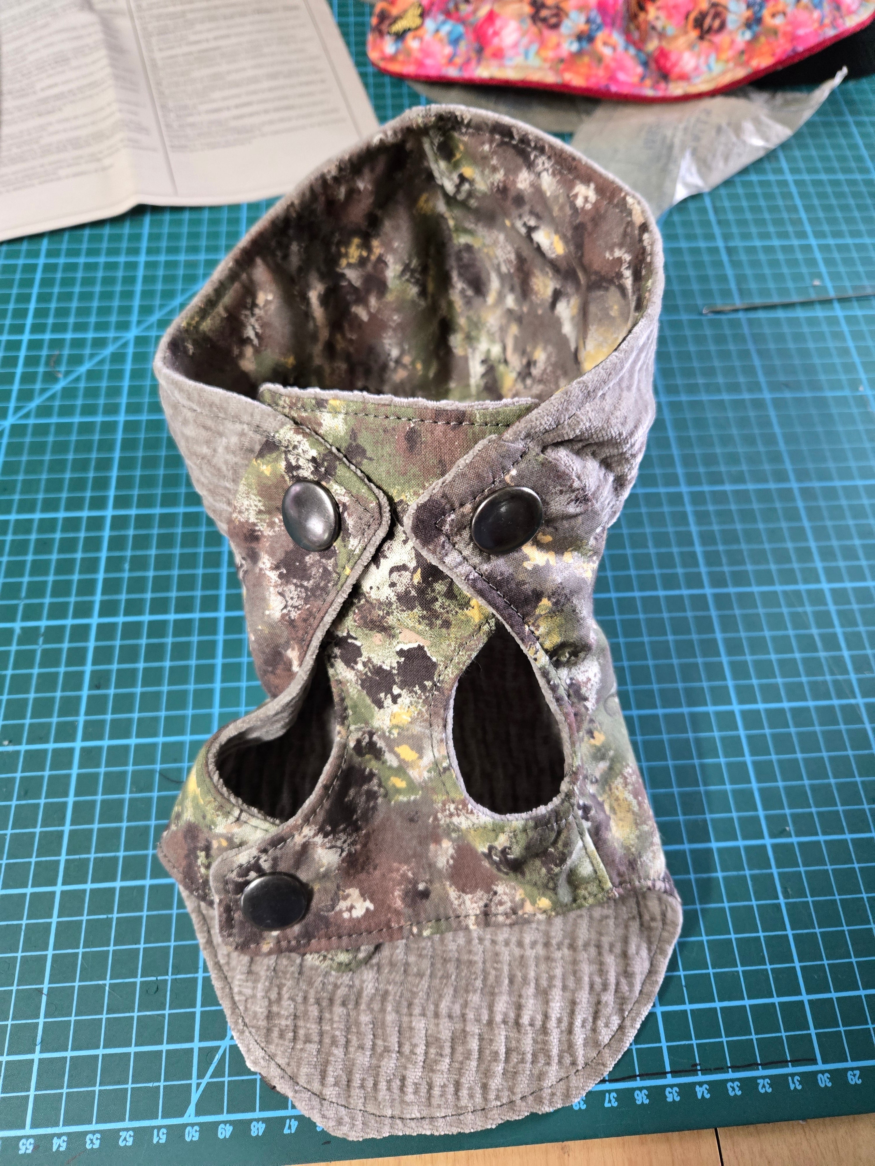 Handmade camouflage cotton & corduroy Furry Guy jacket with pocket and Duck patch 3-6lb Pet