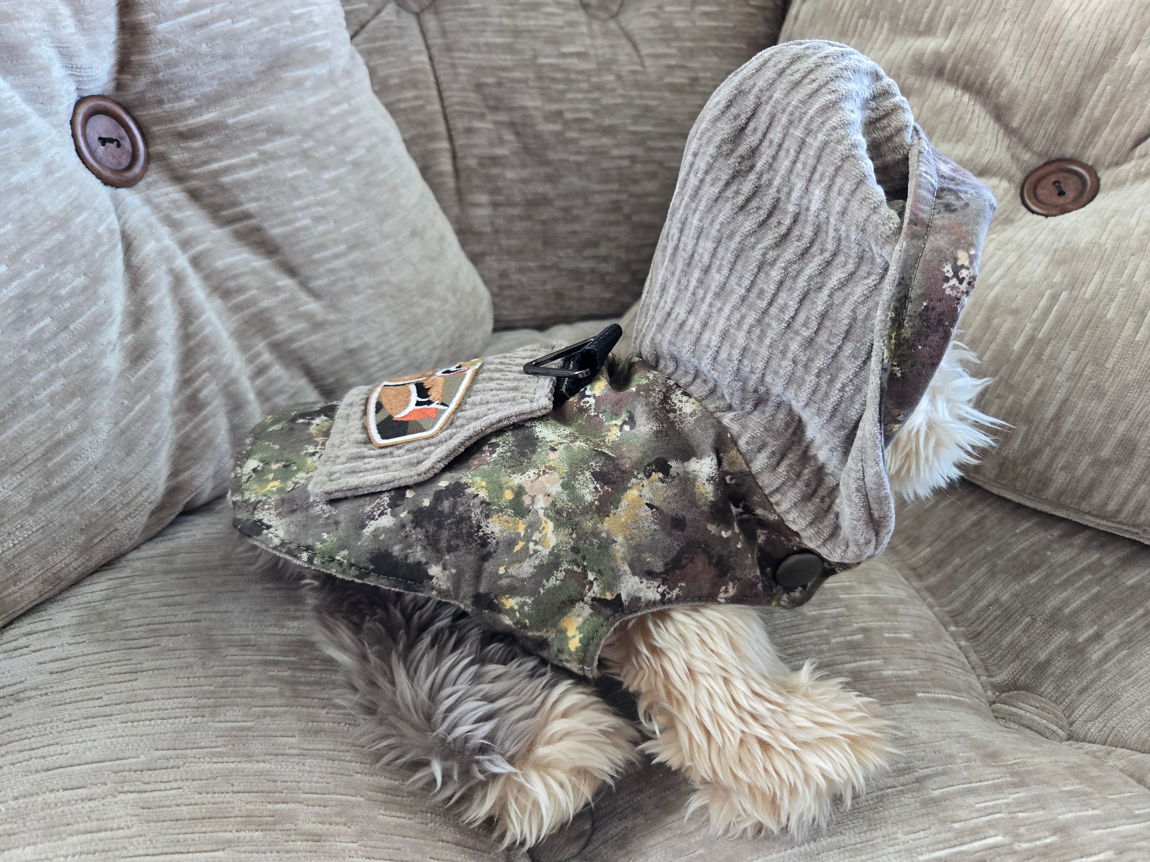 Handmade camouflage cotton & corduroy Furry Guy jacket with pocket and Duck patch 3-6lb Pet