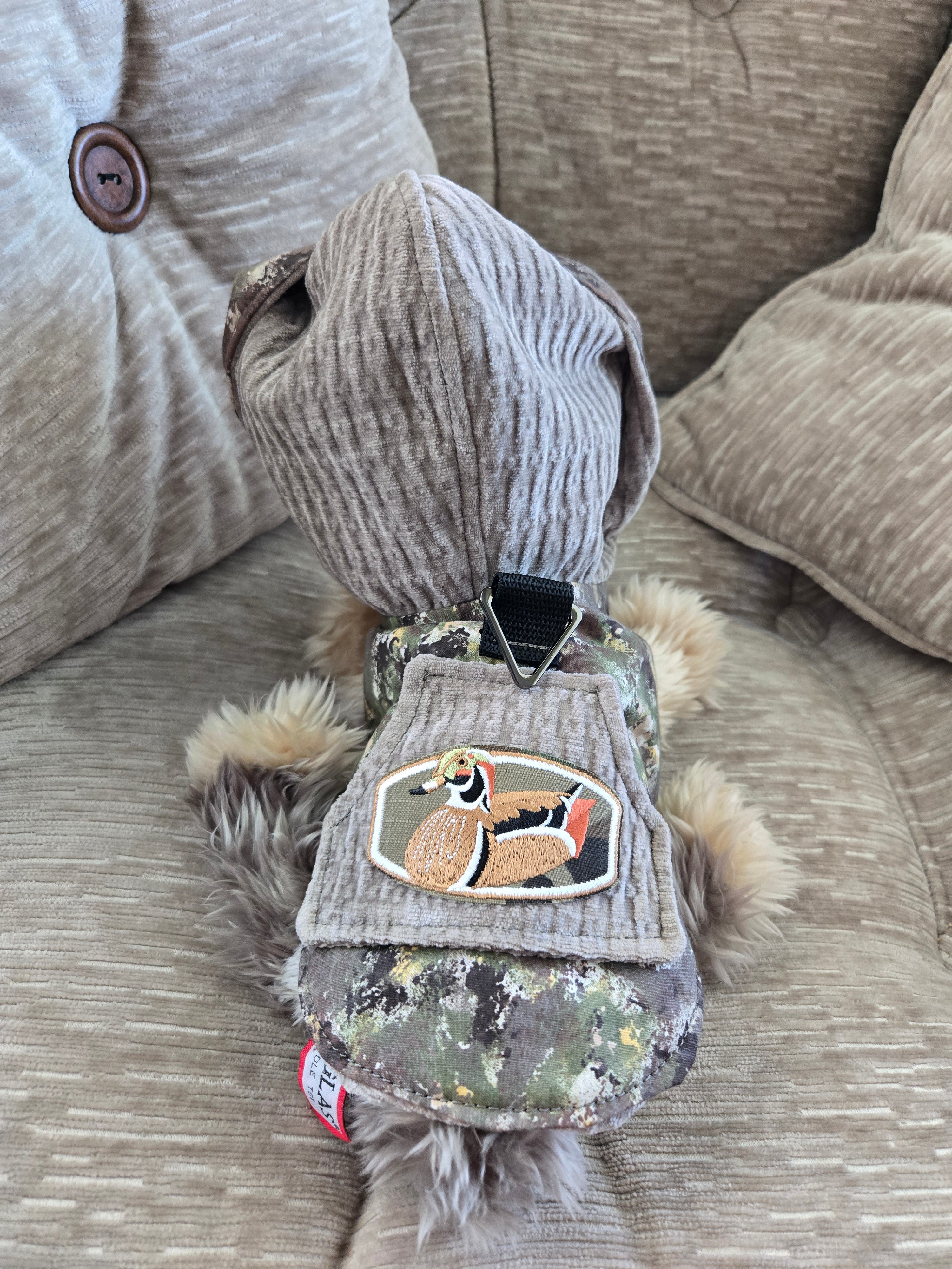Handmade camouflage cotton & corduroy Furry Guy jacket with pocket and Duck patch 3-6lb Pet