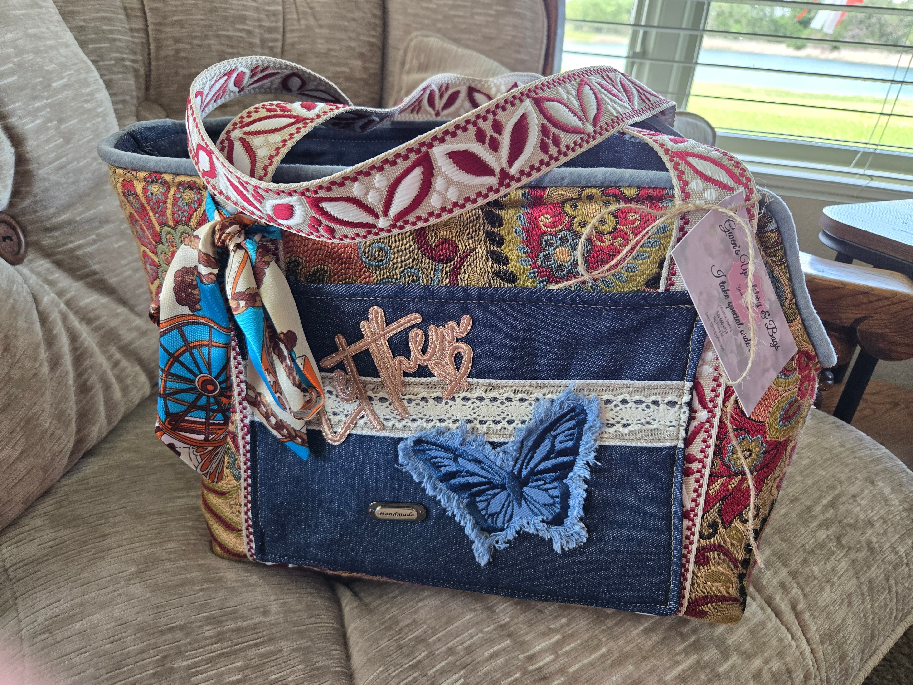 Handmade Boho paisley tapestry and Denim Pet Dog or Cat Carrier 4-8lbs pet