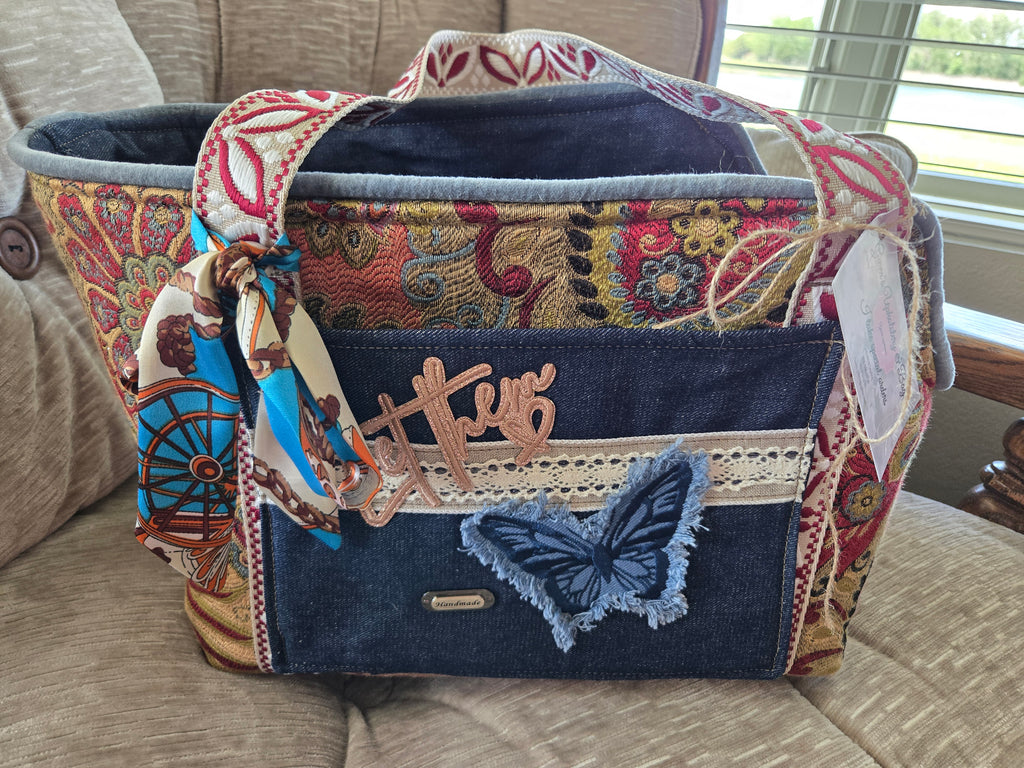 Handmade Boho paisley tapestry and Denim Pet Dog or Cat Carrier 4-8lbs pet