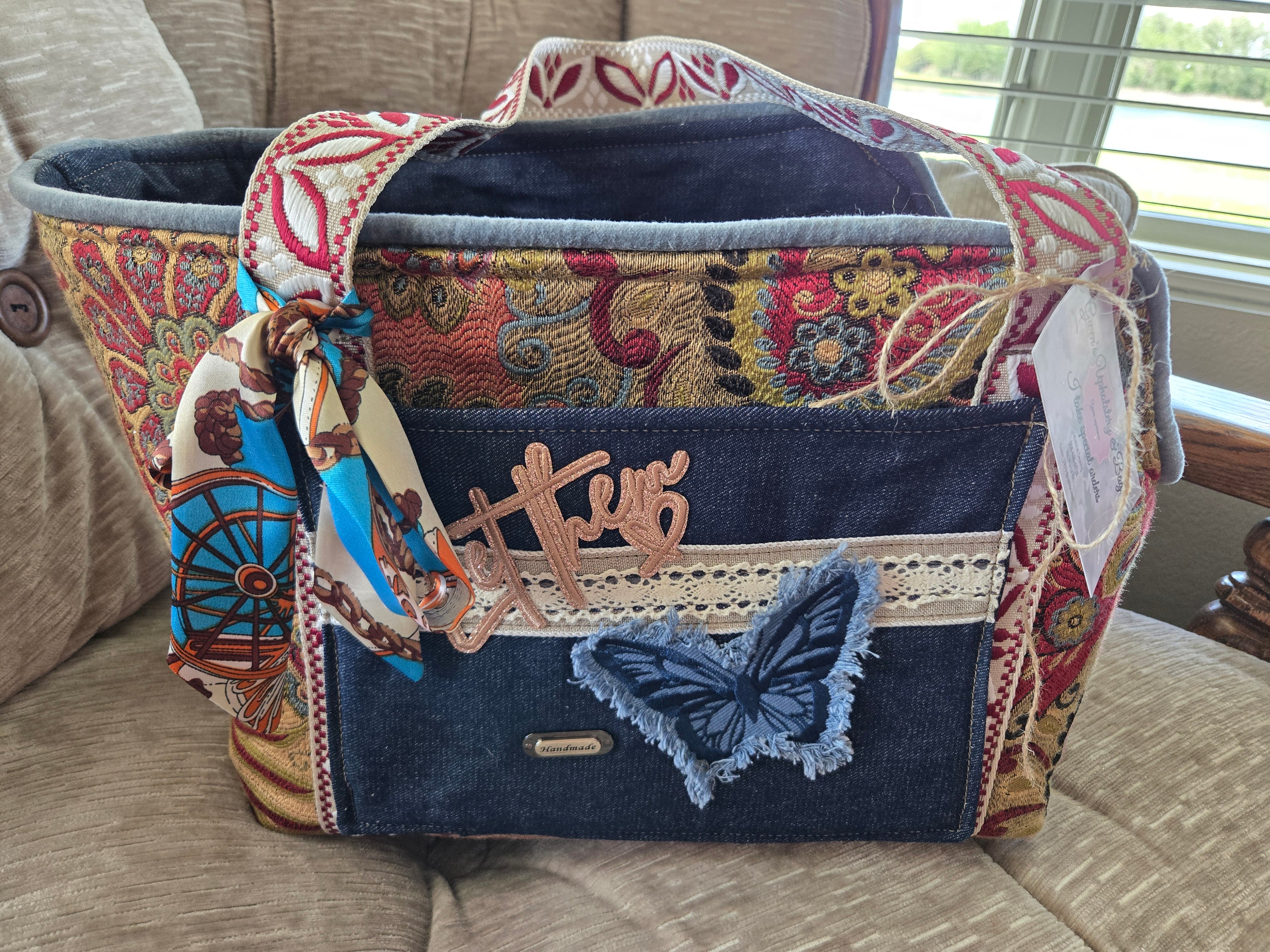 Handmade Boho paisley tapestry and Denim Pet Dog or Cat Carrier 4-8lbs pet