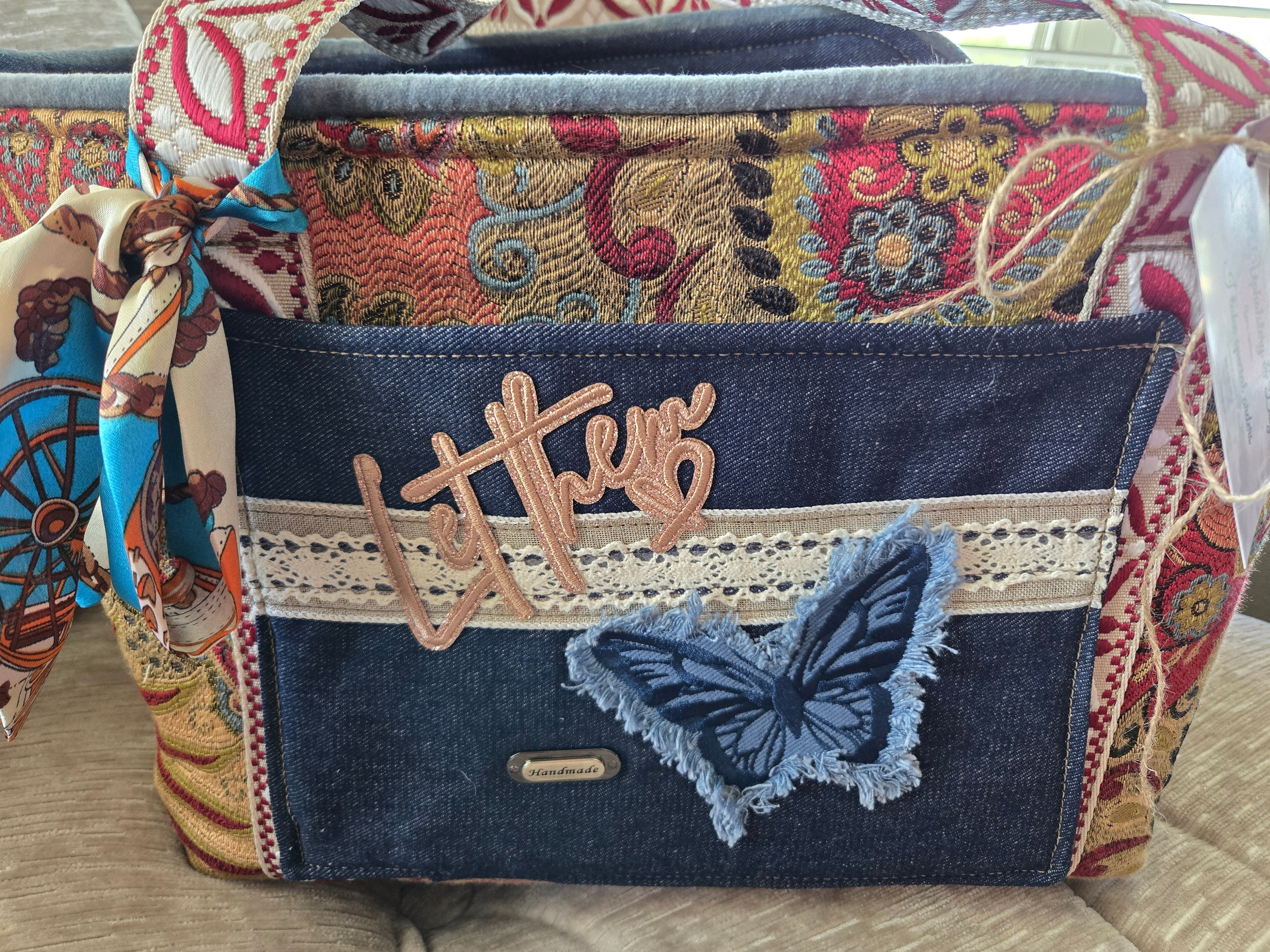 Handmade Boho paisley tapestry and Denim Pet Dog or Cat Carrier 4-8lbs pet