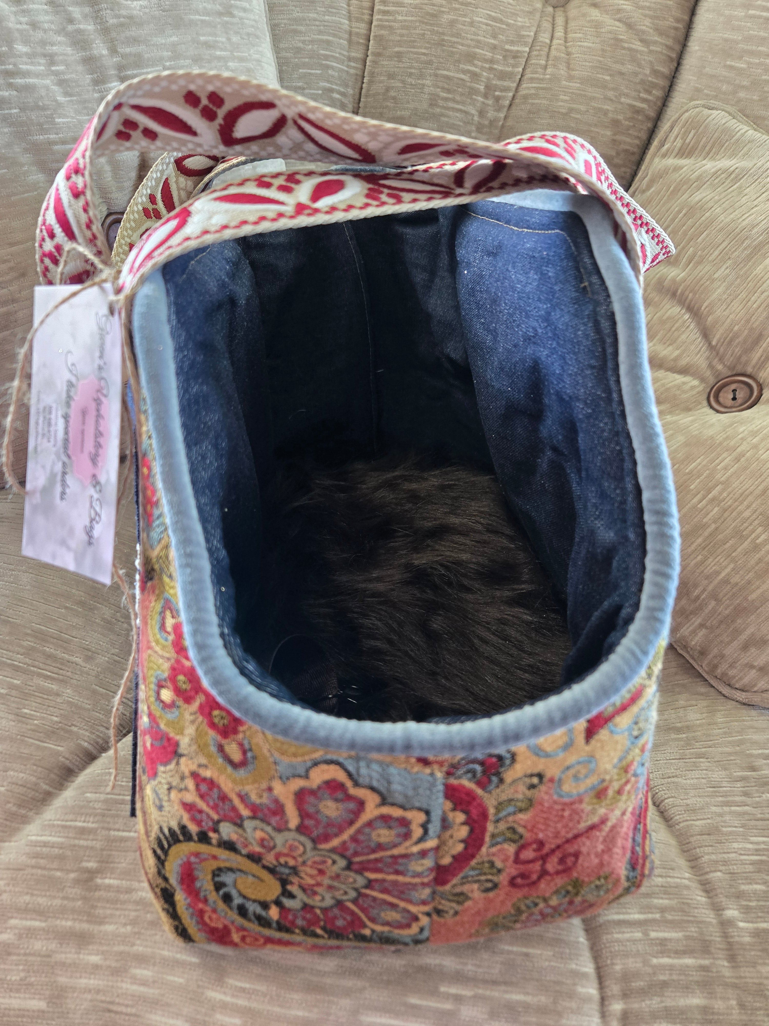 Handmade Boho paisley tapestry and Denim Pet Dog or Cat Carrier 4-8lbs pet