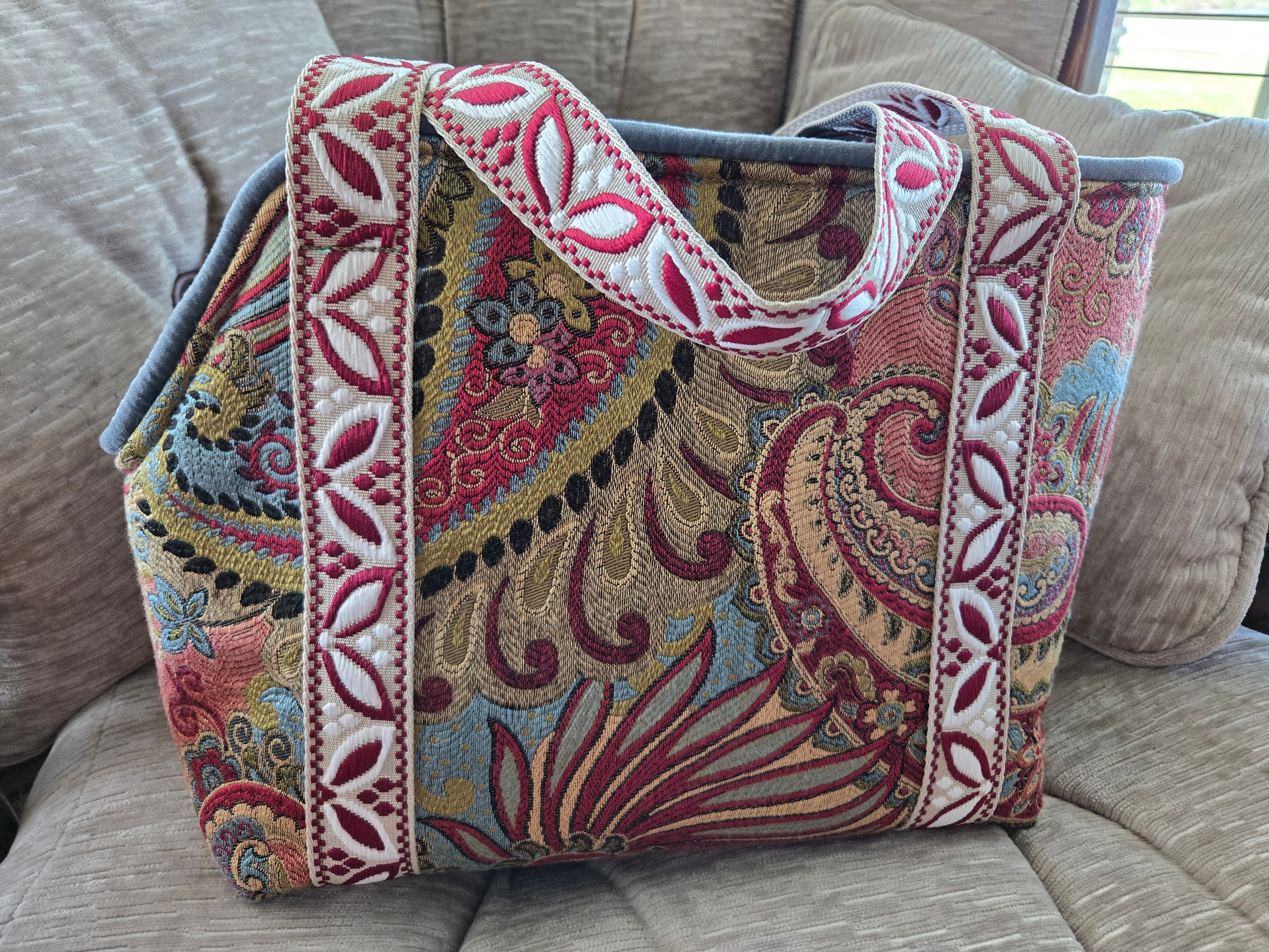 Handmade Boho paisley tapestry and Denim Pet Dog or Cat Carrier 4-8lbs pet