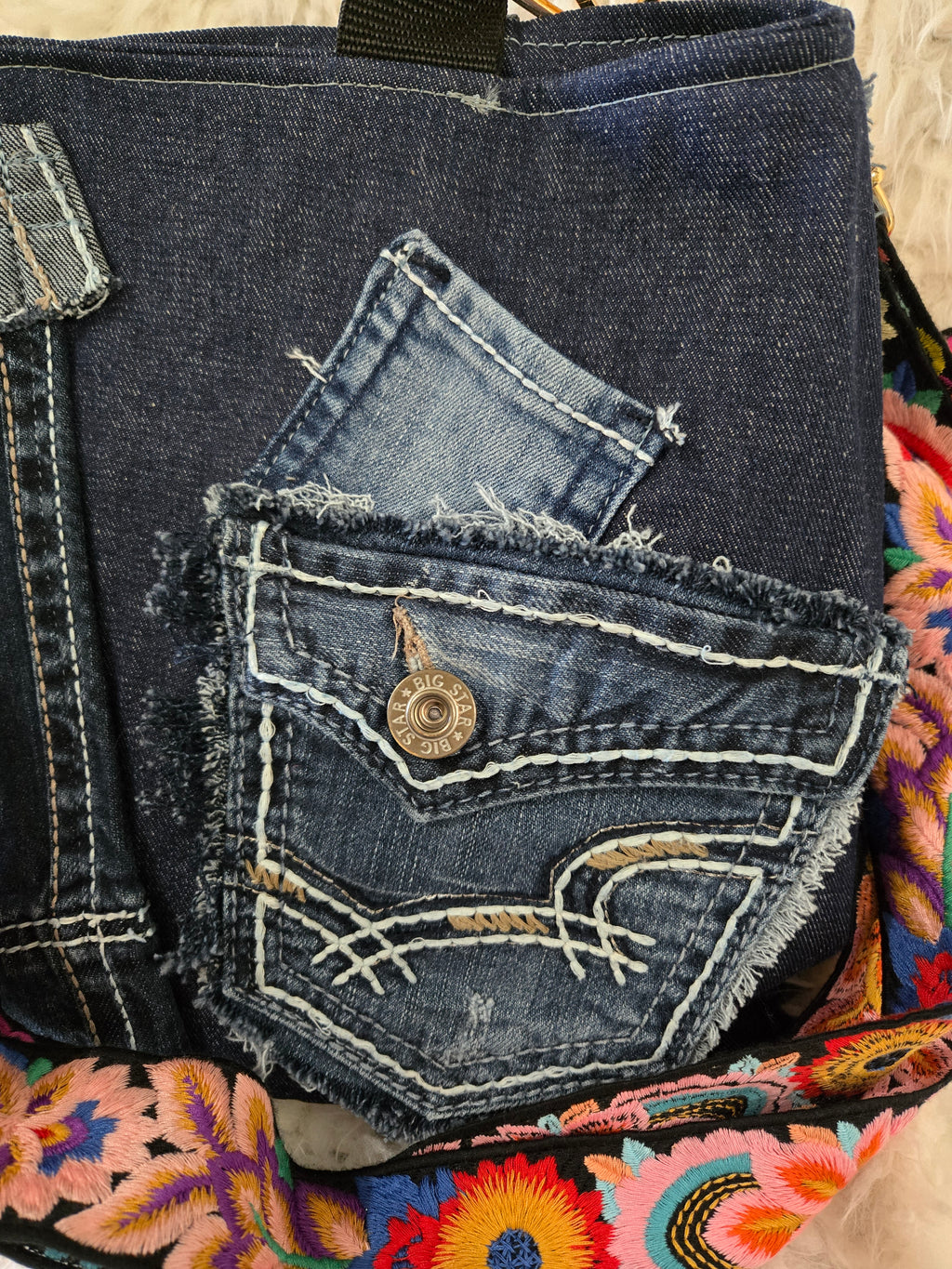 Handmade Jean purse with lots of pockets.