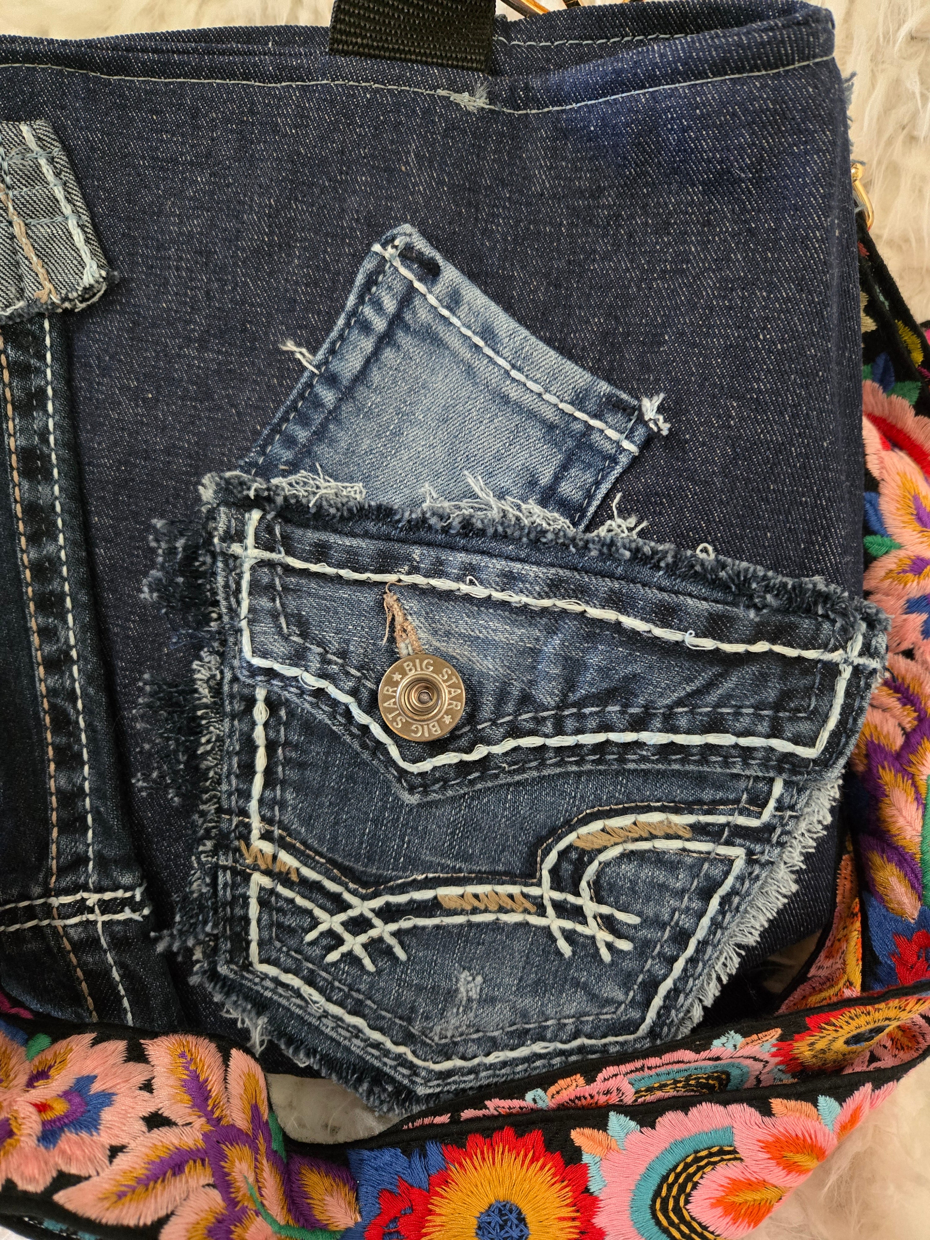 Handmade Jean purse with lots of pockets.