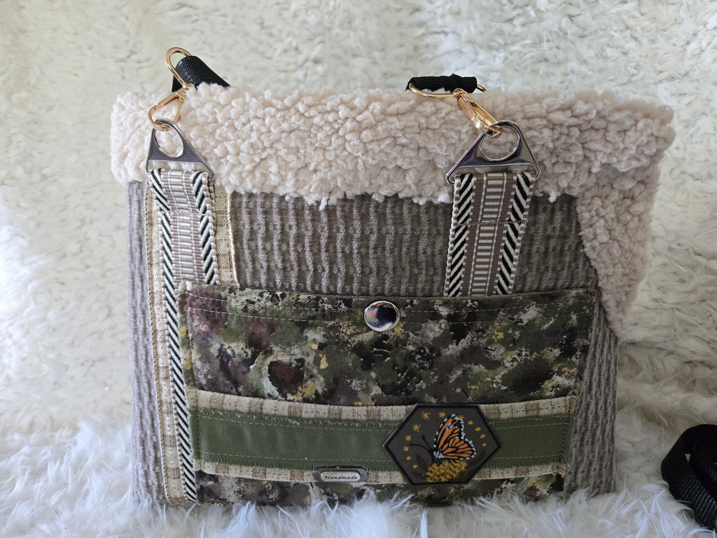 Camouflage and Gray pet carrier. Outfit and leash. For that little furry boy, he will love it. 4-6lbs. Size medium.