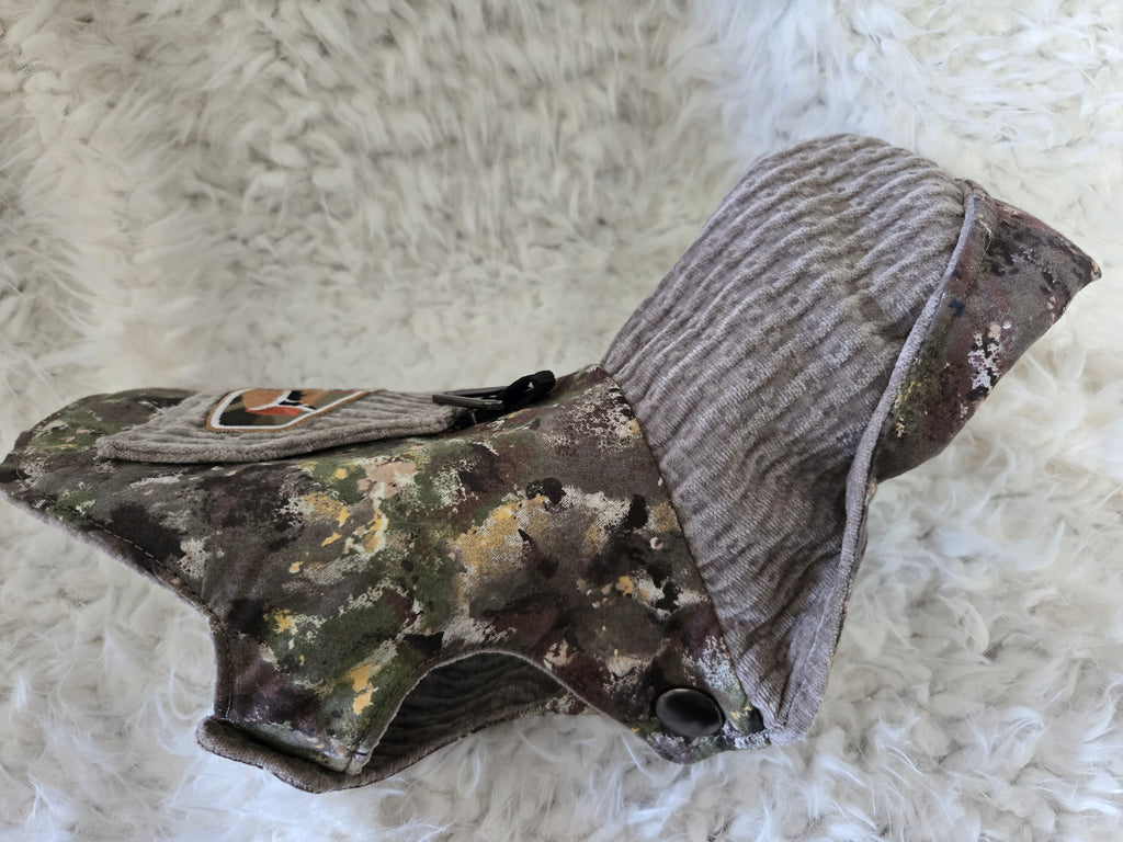 Camouflage and Gray pet carrier. Outfit and leash. For that little furry boy, he will love it. 4-6lbs. Size medium.