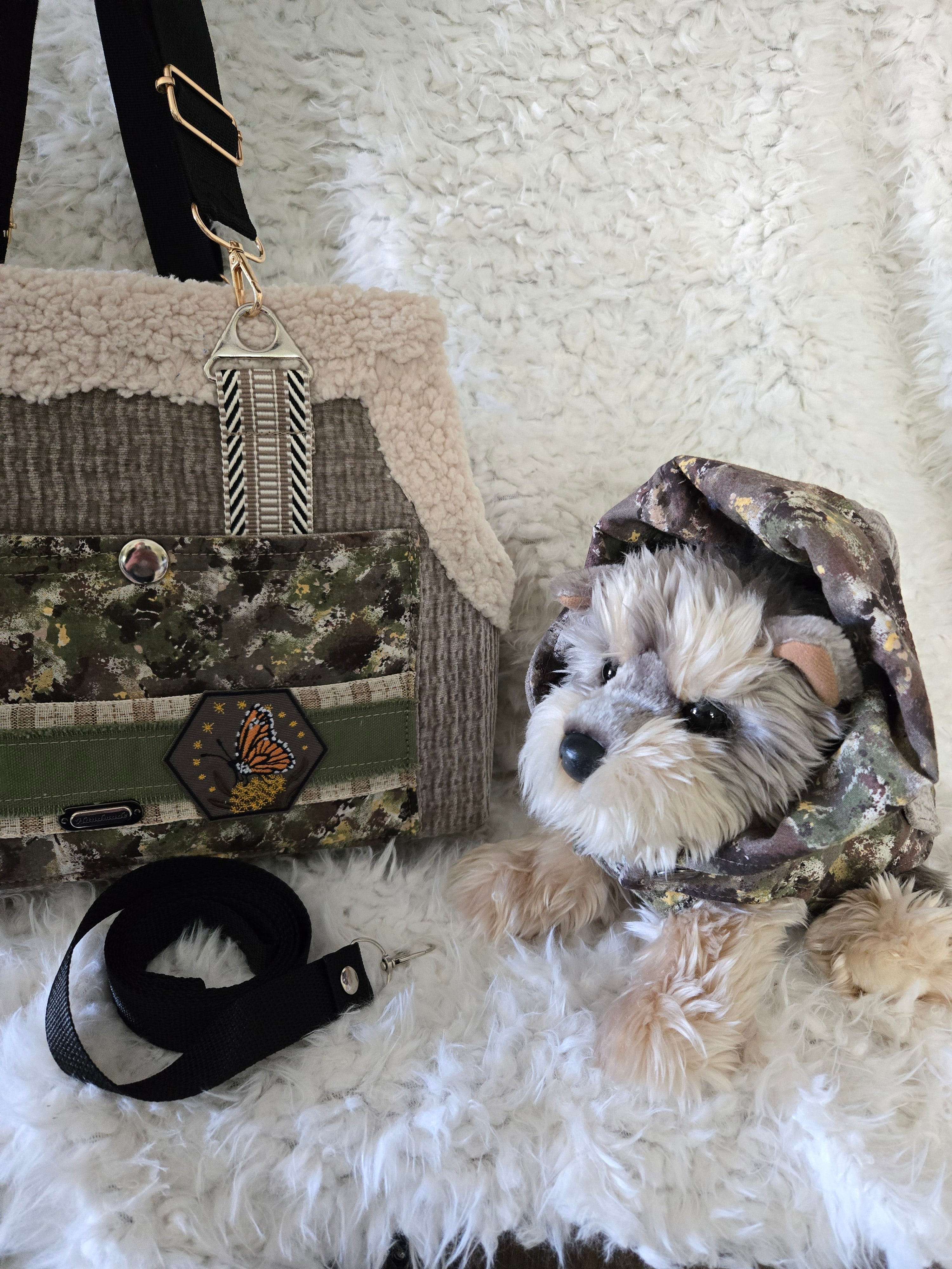 Camouflage and Gray pet carrier. Outfit and leash. For that little furry boy, he will love it. 4-6lbs. Size medium.
