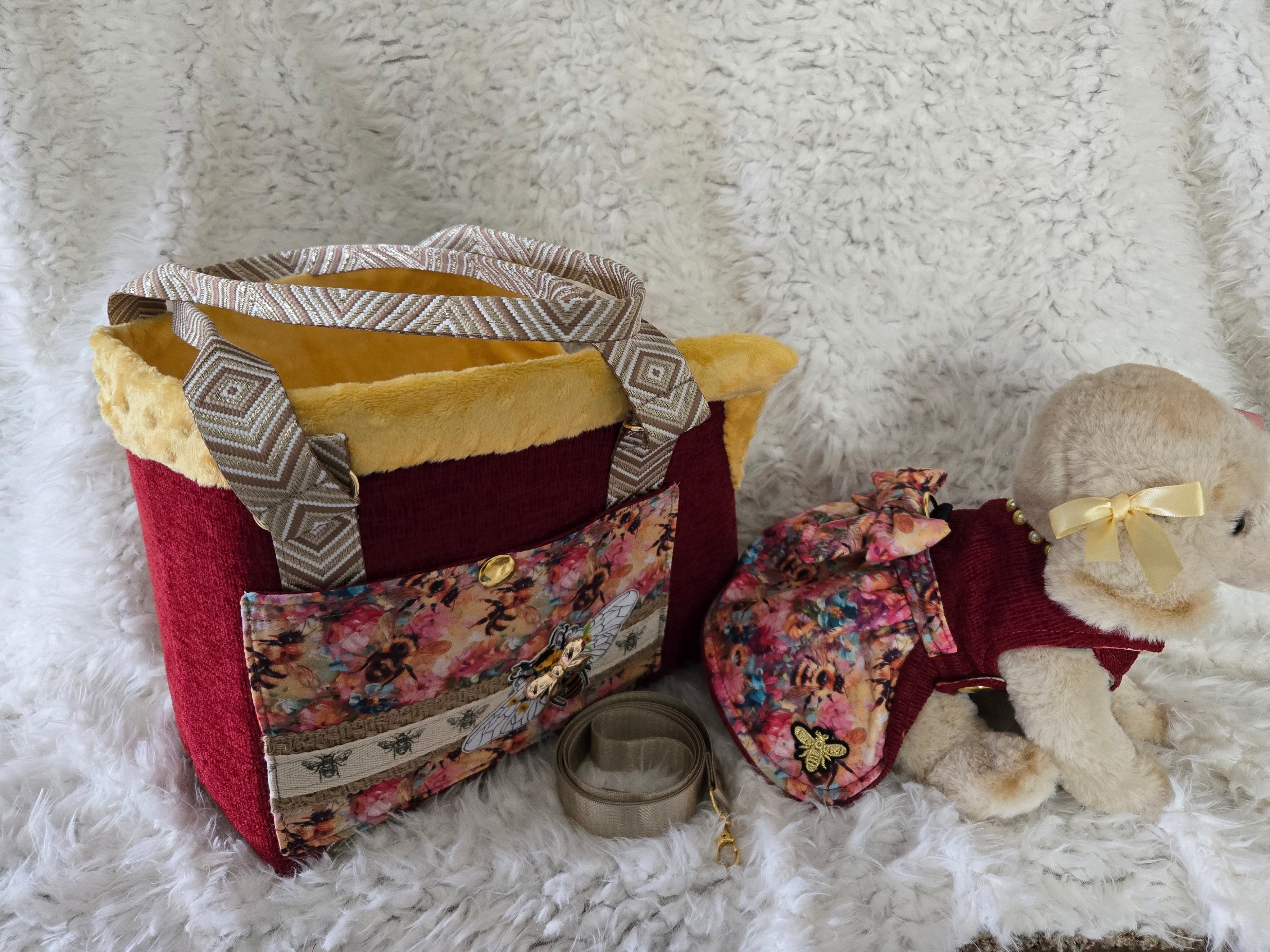 Handmade red and yellow dog carrier with dress to match and leash. Size medium 4-6lbs
