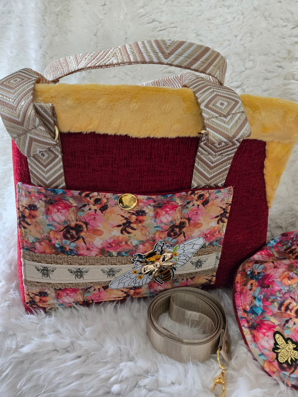 Handmade red and yellow dog carrier with dress to match and leash. Size medium 4-6lbs
