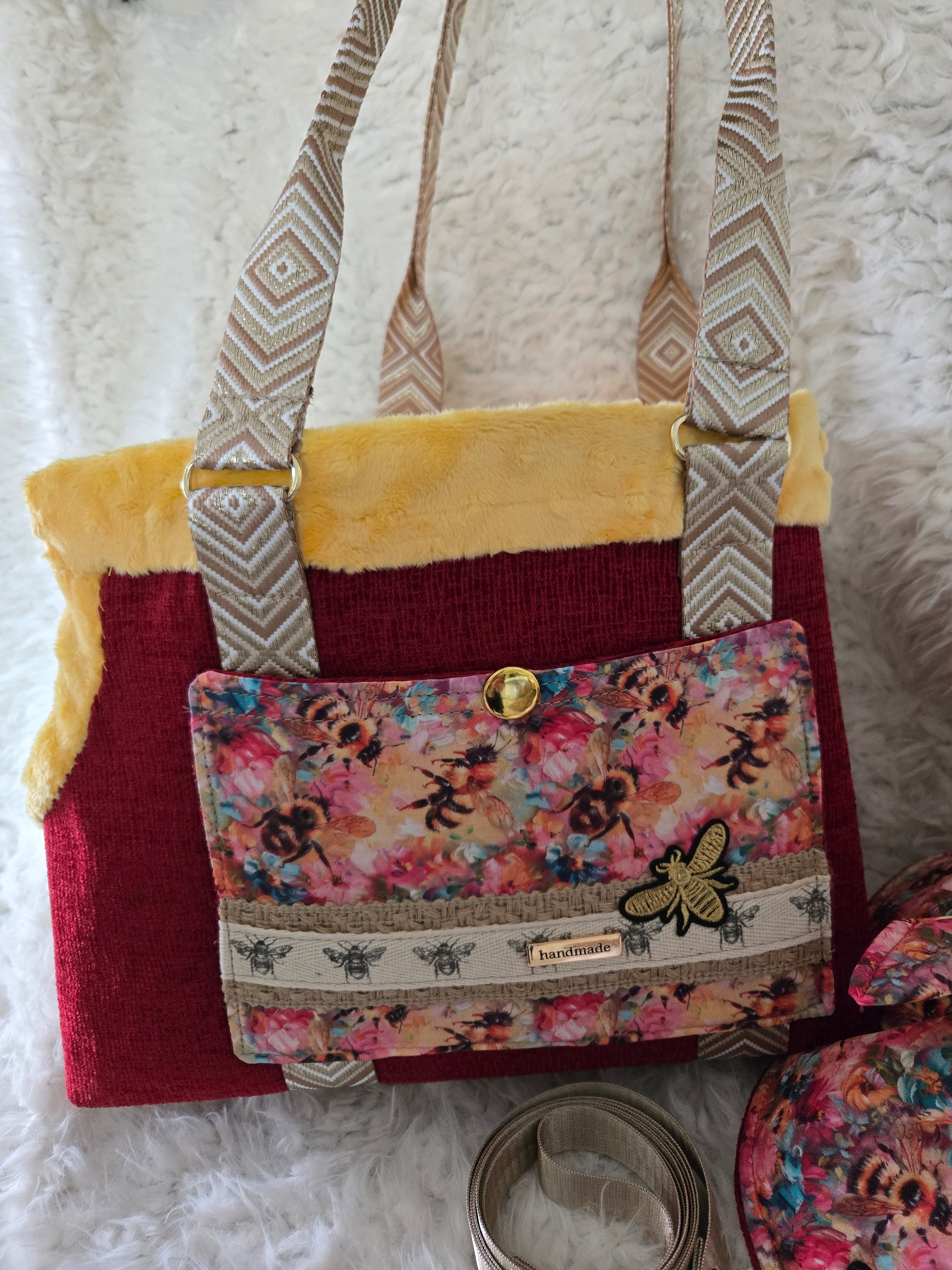 Handmade red and yellow dog carrier with dress to match and leash. Size medium 4-6lbs