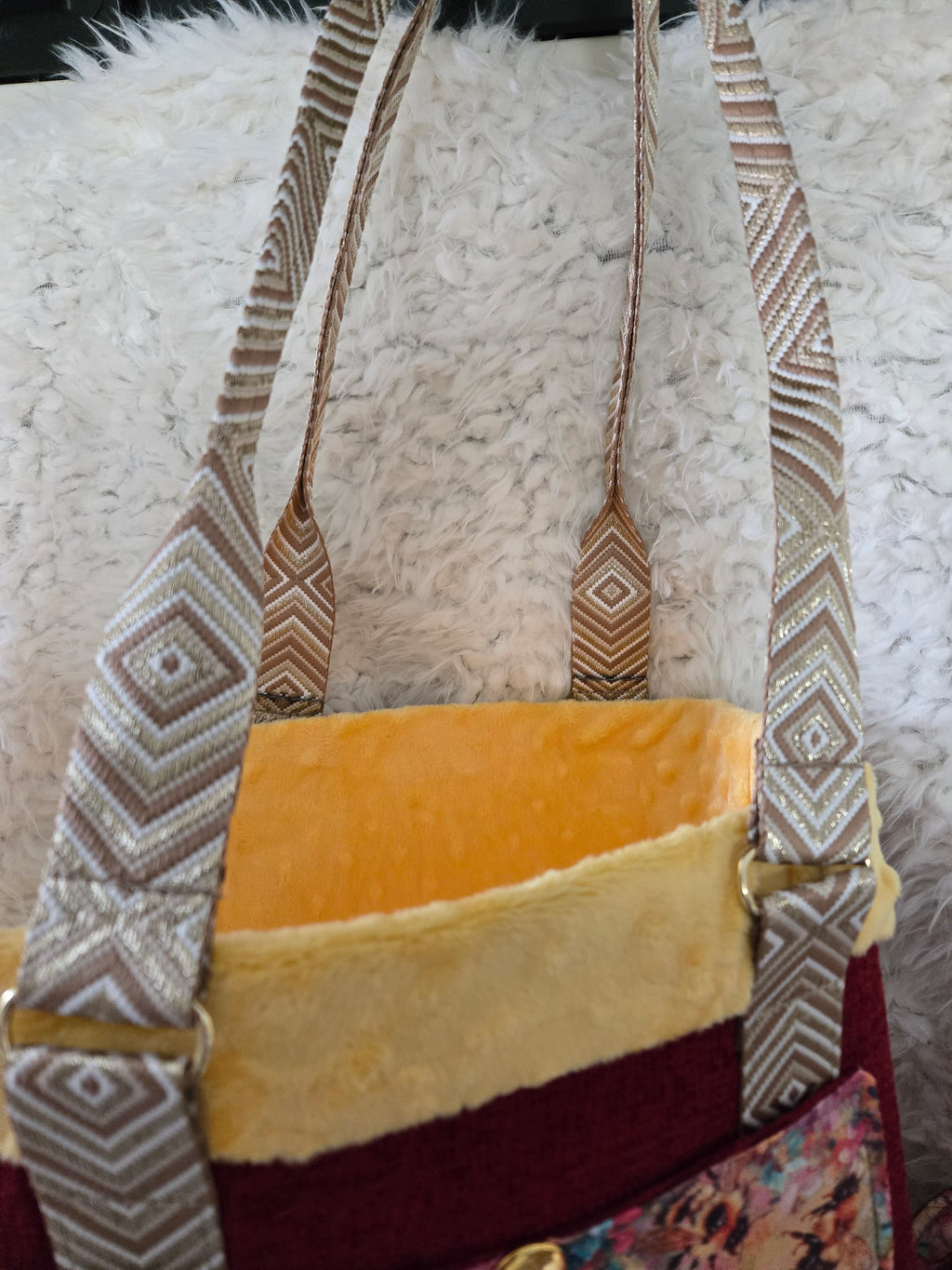 Handmade red and yellow dog carrier with dress to match and leash. Size medium 4-6lbs