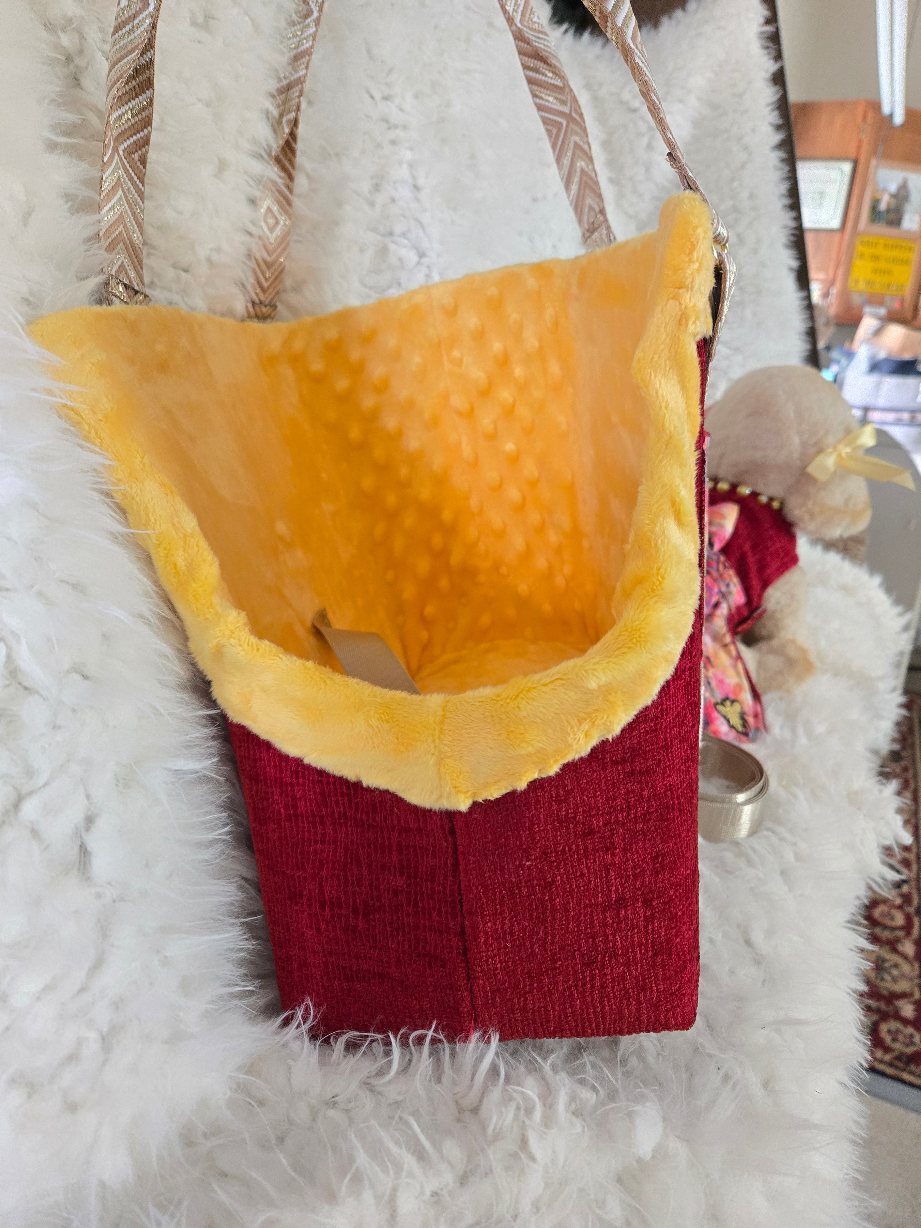 Handmade red and yellow dog carrier with dress to match and leash. Size medium 4-6lbs
