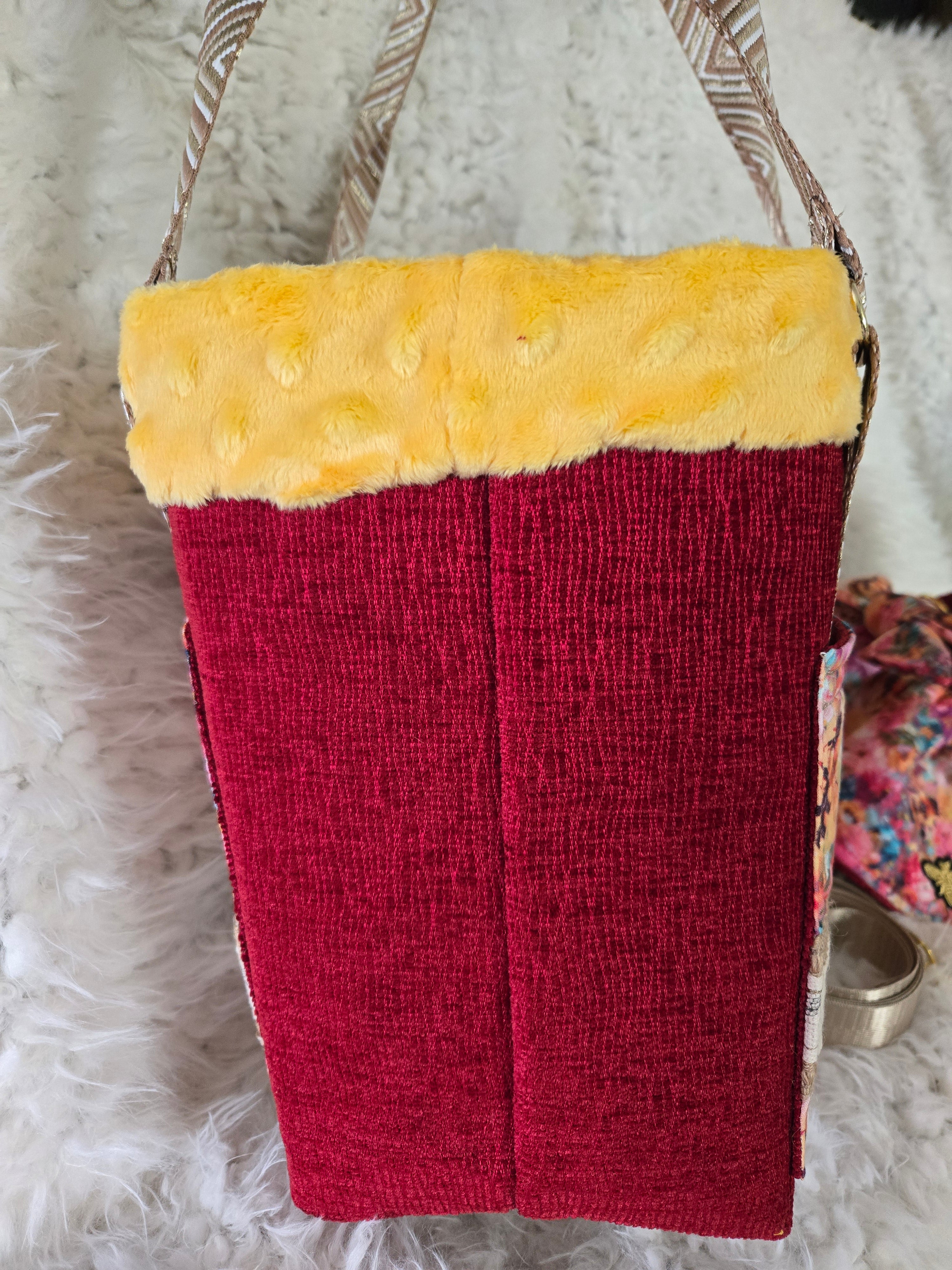 Handmade red and yellow dog carrier with dress to match and leash. Size medium 4-6lbs