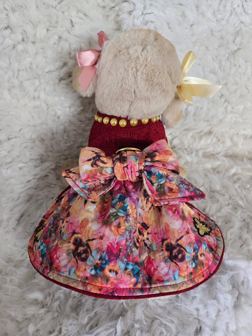 Handmade red and yellow dog carrier with dress to match and leash. Size medium 4-6lbs