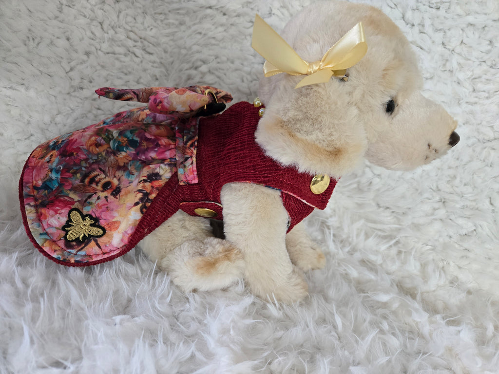 Handmade red and yellow dog carrier with dress to match and leash. Size medium 4-6lbs