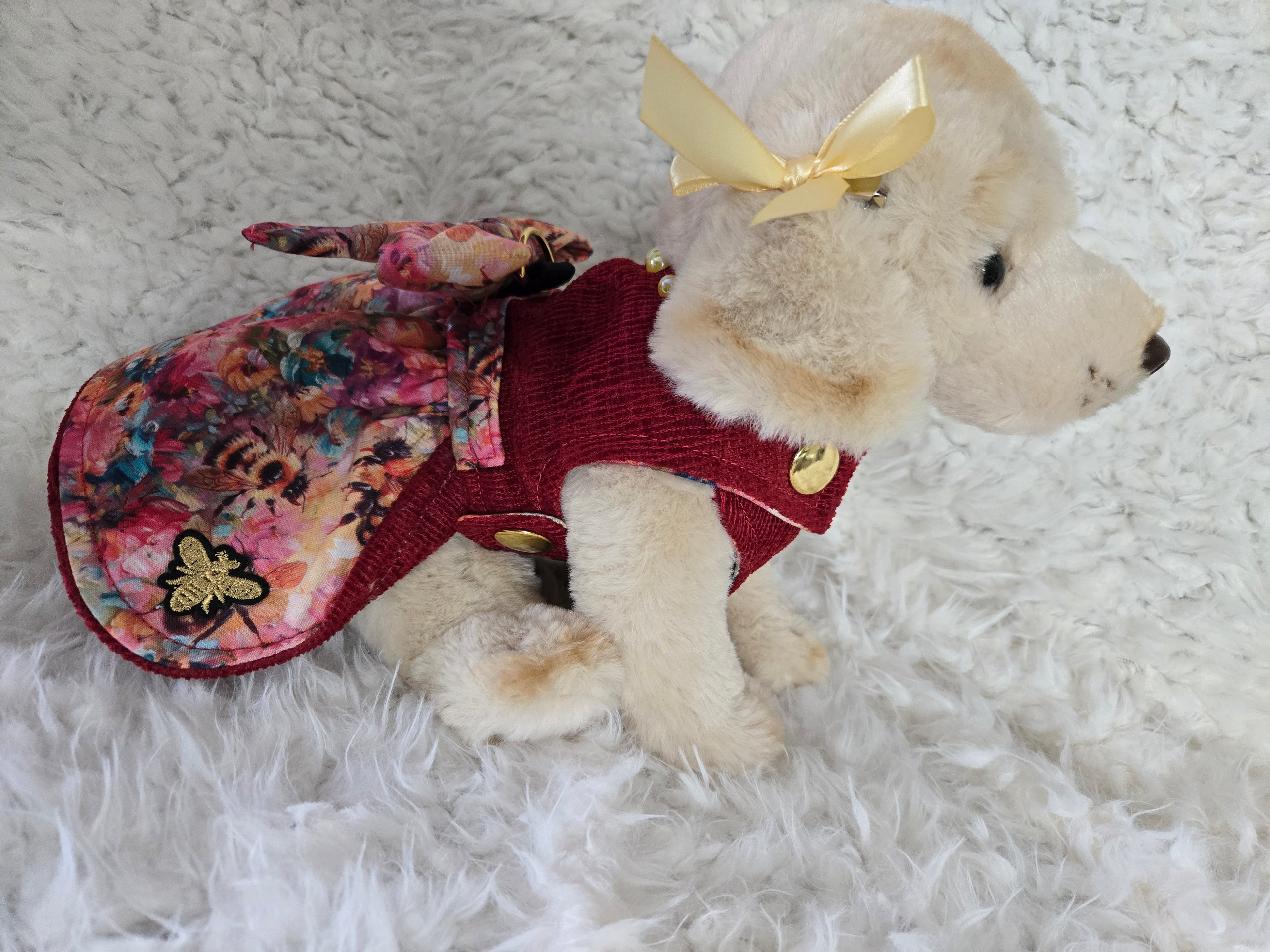 Handmade red and yellow dog carrier with dress to match and leash. Size medium 4-6lbs