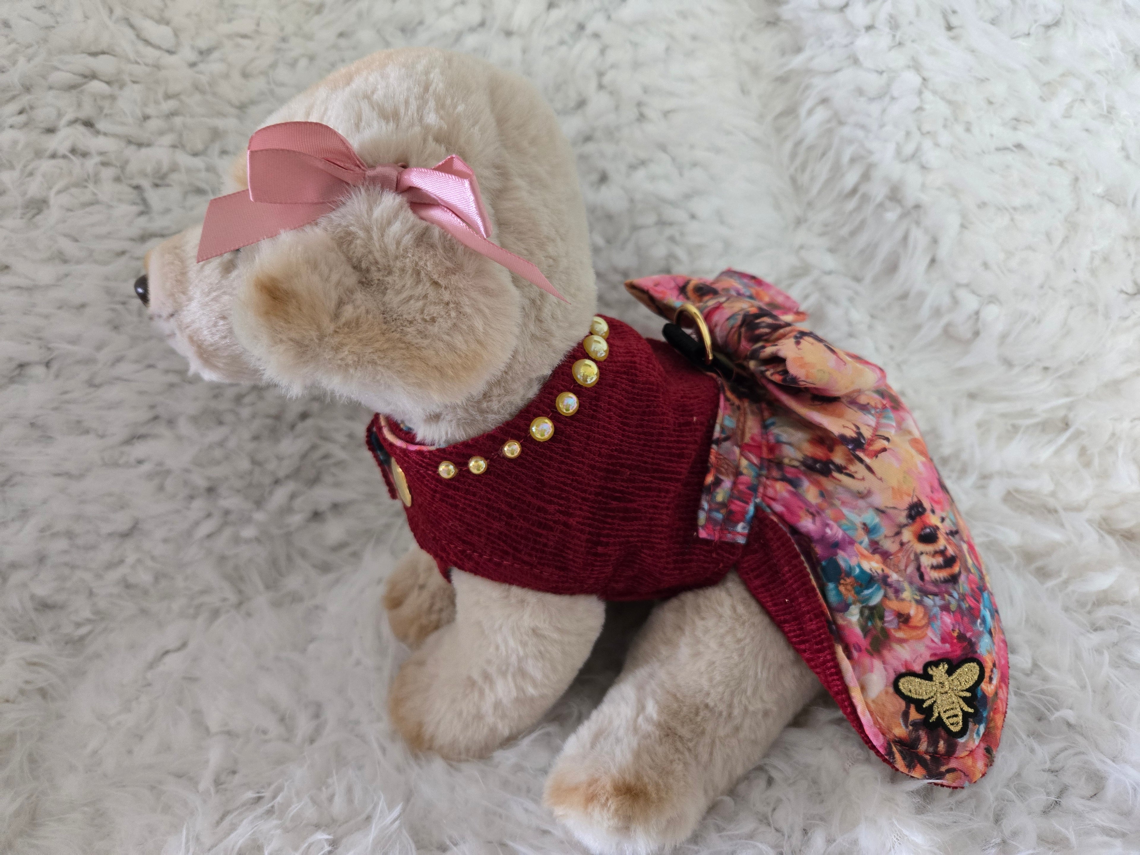 Handmade red and yellow dog carrier with dress to match and leash. Size medium 4-6lbs