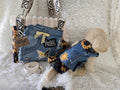 Medium to large dog carrier with sunflowers on fake Fur and Jean pockets. Manny pocket with crossbody straps, handmade in the USA