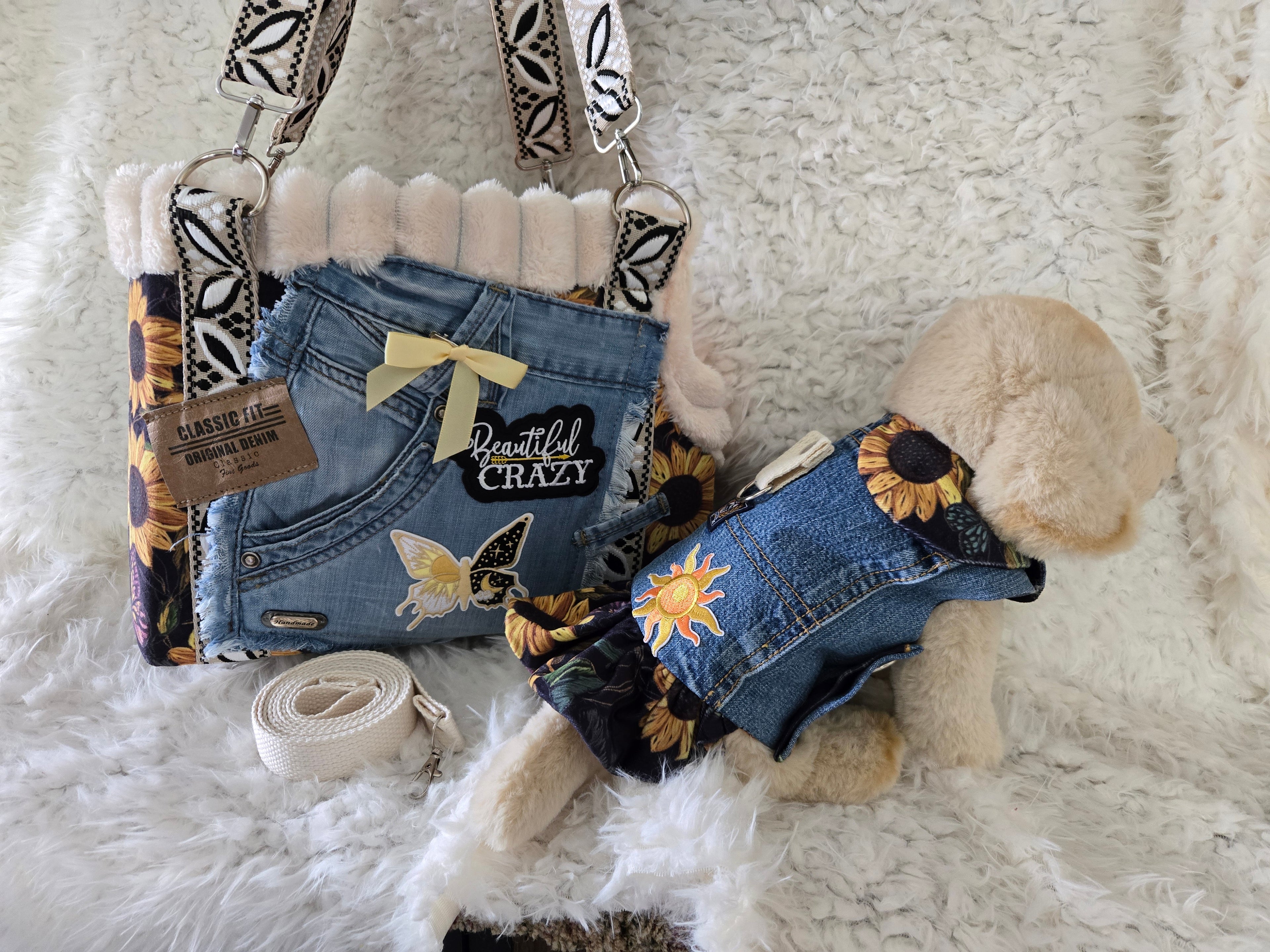 Medium to large dog carrier with sunflowers on fake Fur and Jean pockets. Manny pocket with crossbody straps, handmade in the USA