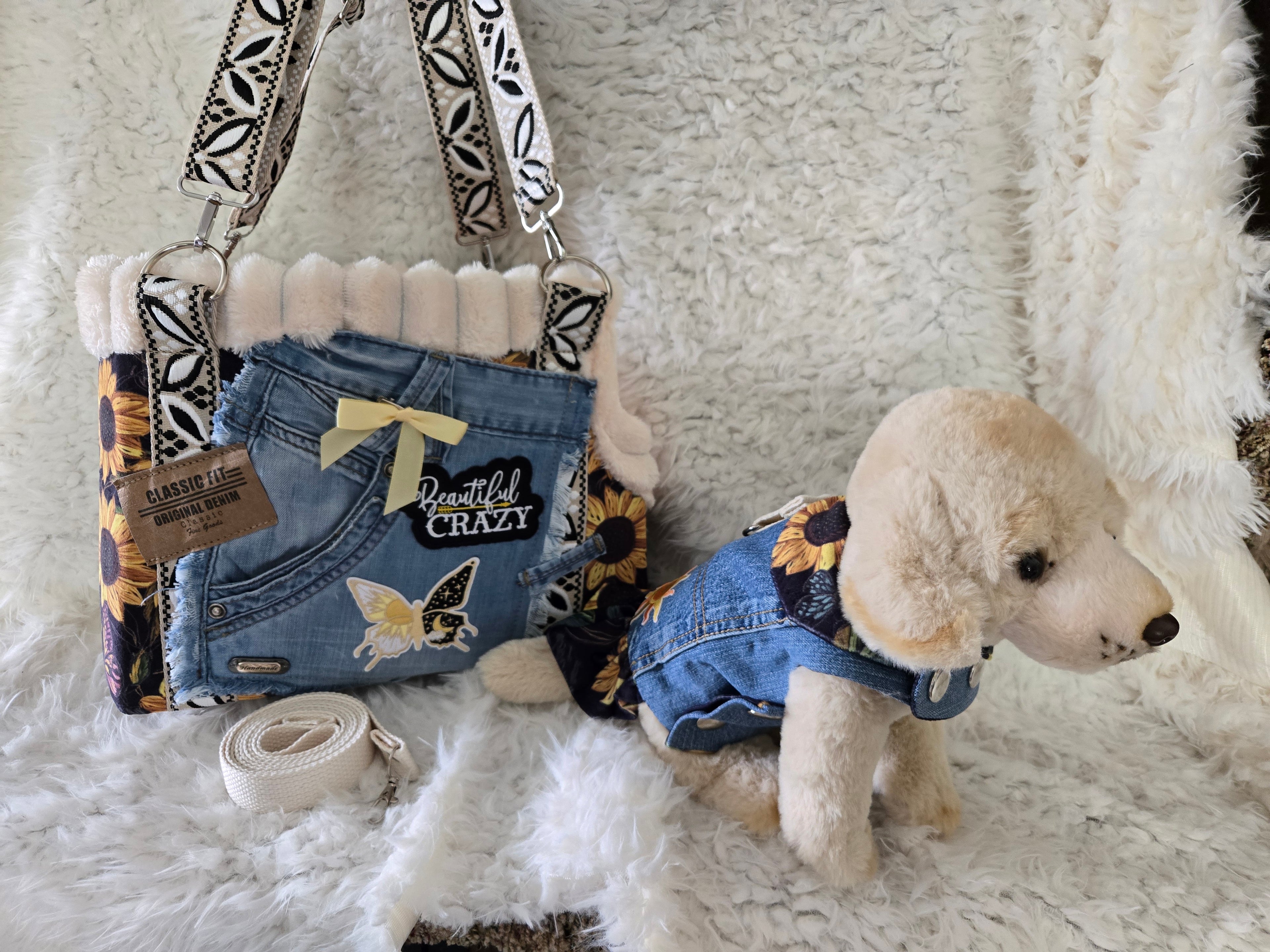 Medium to large dog carrier with sunflowers on fake Fur and Jean pockets. Manny pocket with crossbody straps, handmade in the USA