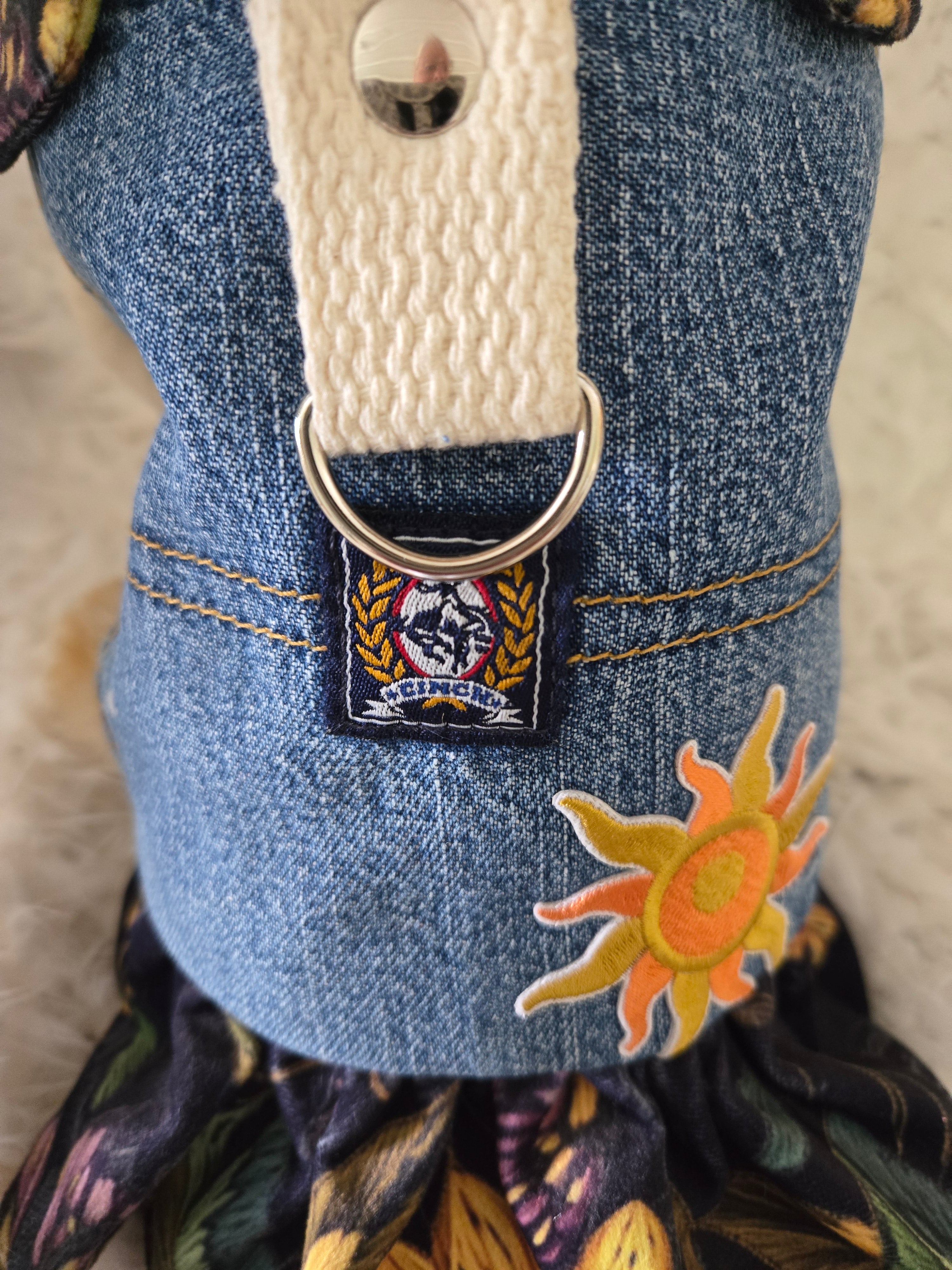 Medium to large dog carrier with sunflowers on fake Fur and Jean pockets. Manny pocket with crossbody straps, handmade in the USA