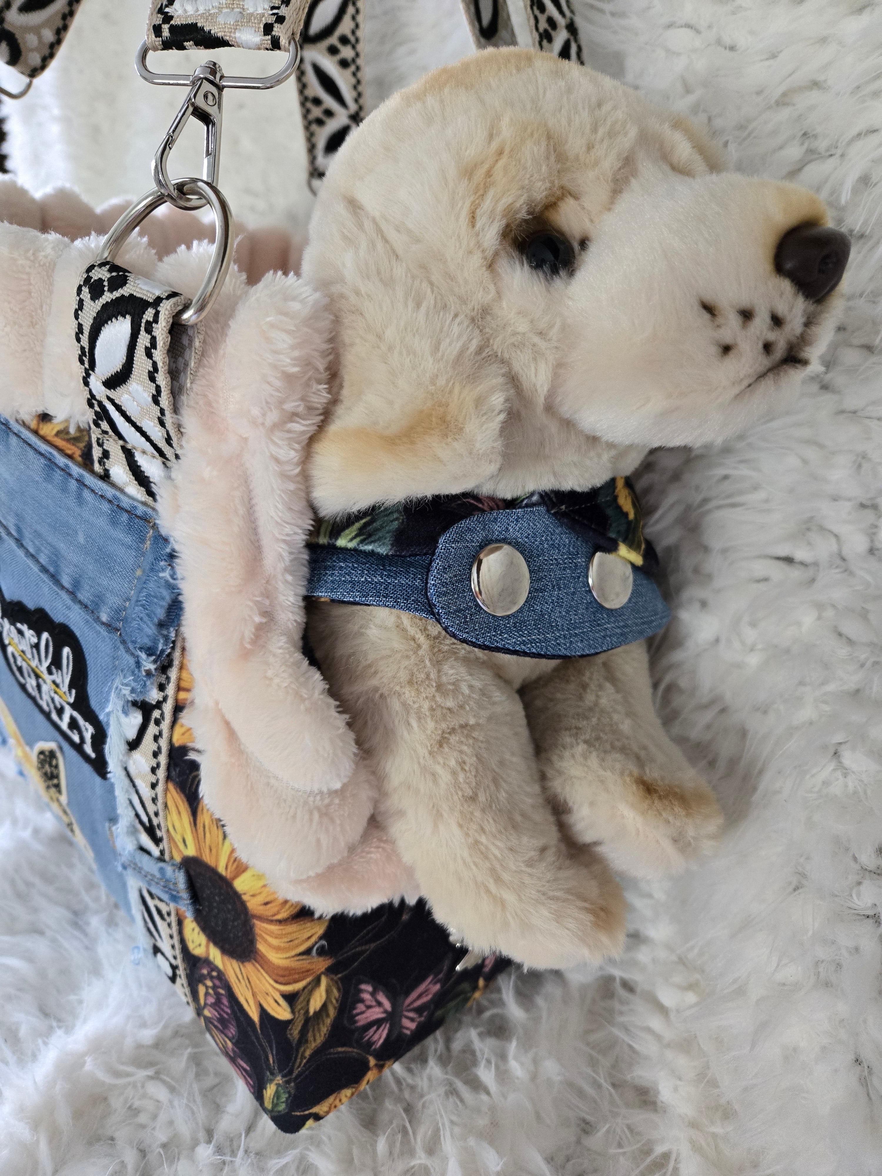 Medium to large dog carrier with sunflowers on fake Fur and Jean pockets. Manny pocket with crossbody straps, handmade in the USA