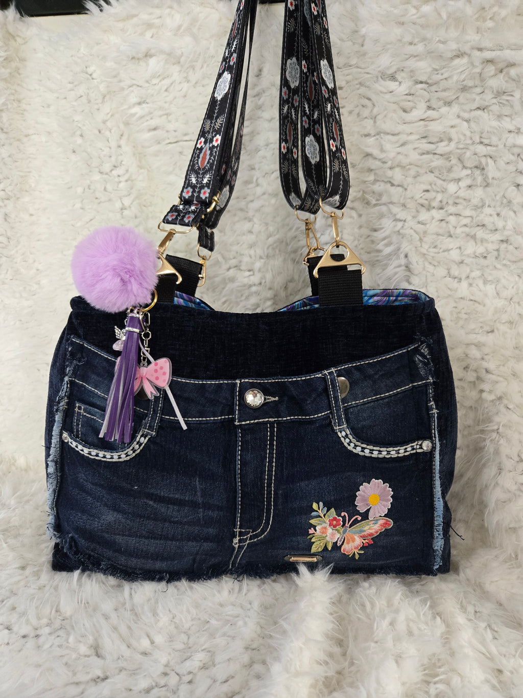 Boho Medium to large Size purse Handmade tapestry and jean material with crossbody straps