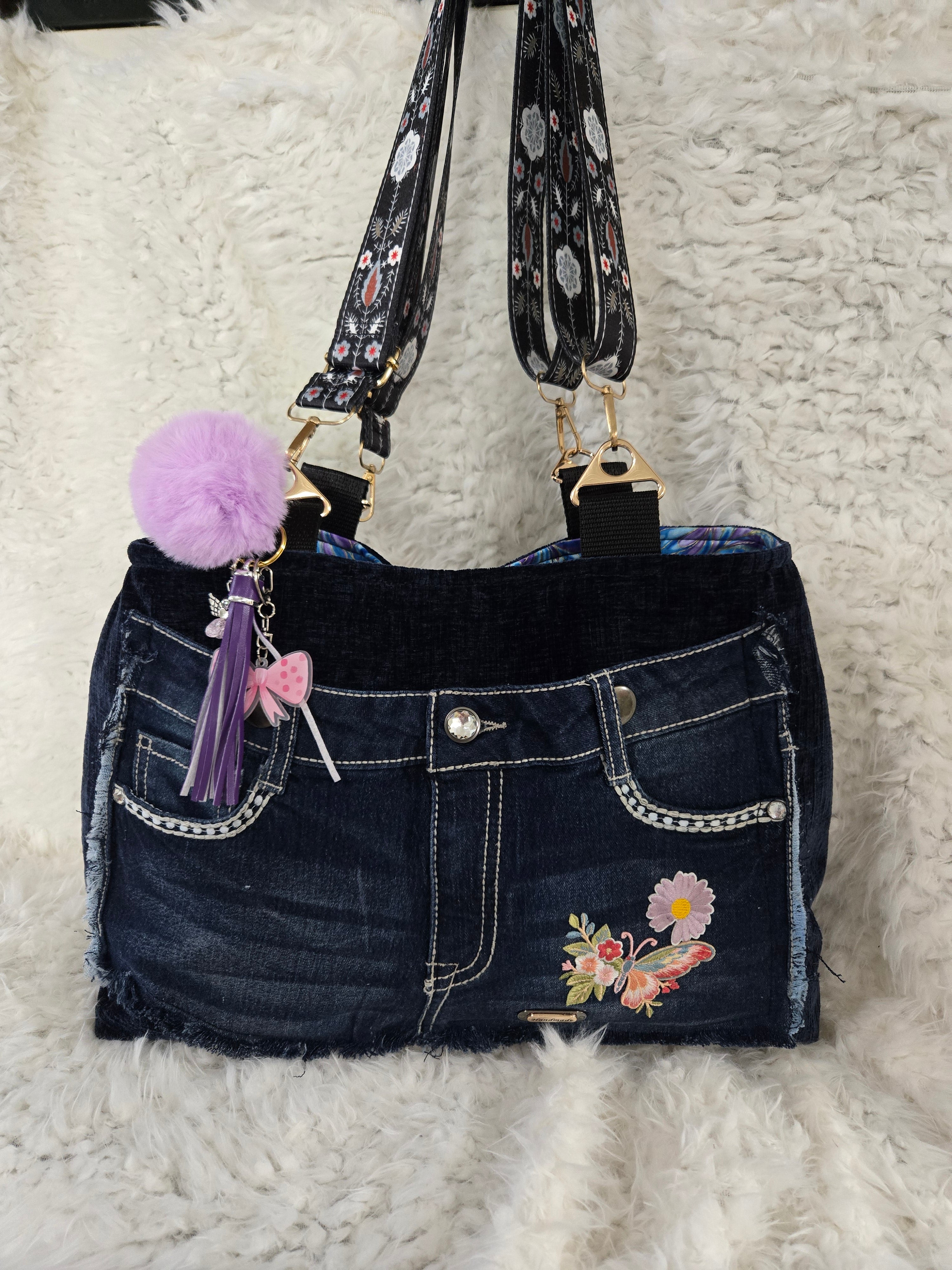 Boho Medium to large Size purse Handmade tapestry and jean material with crossbody straps