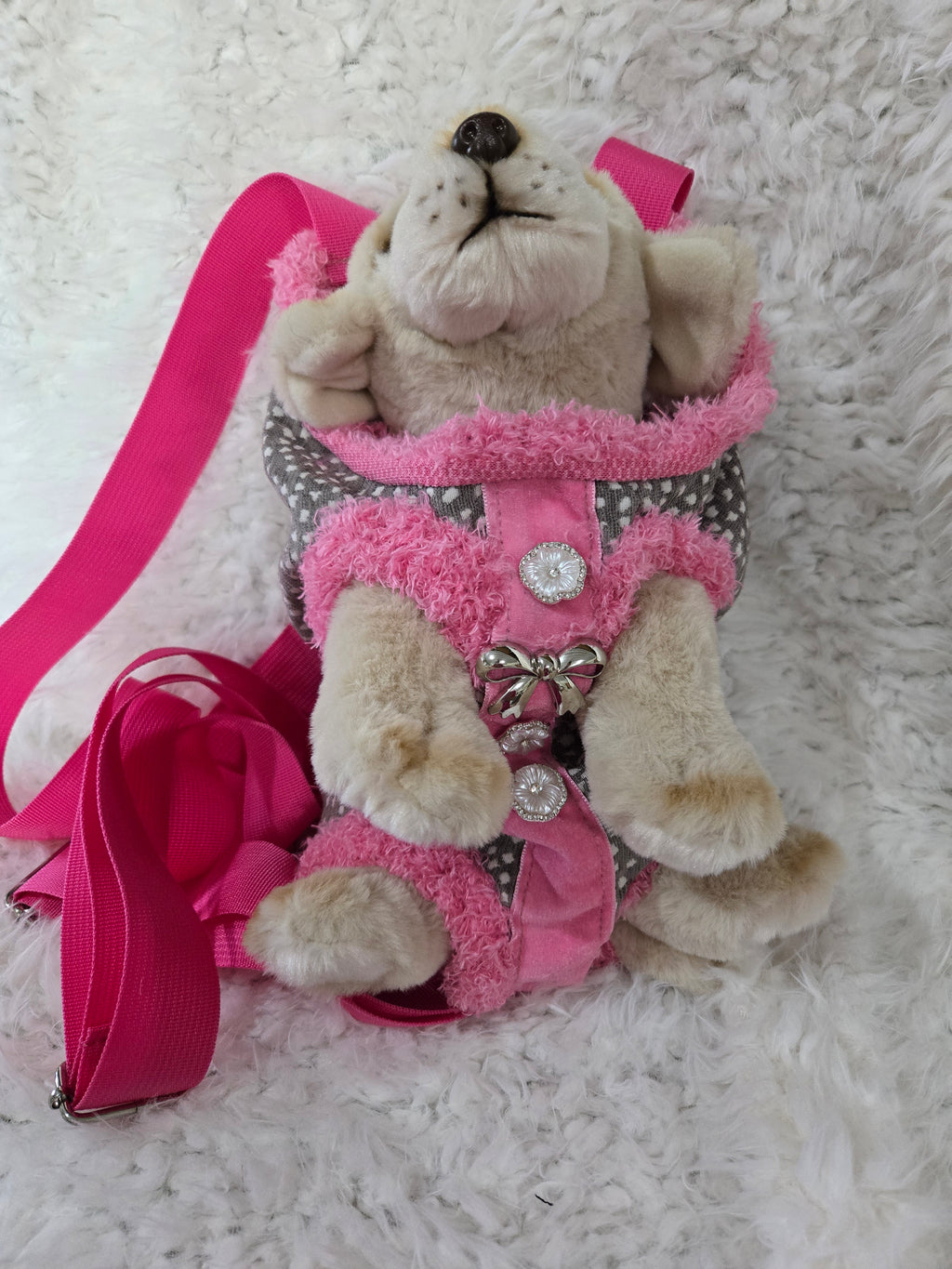 Pink and Gray polka dot dog backpack, front carrier. Size small 3lbs.