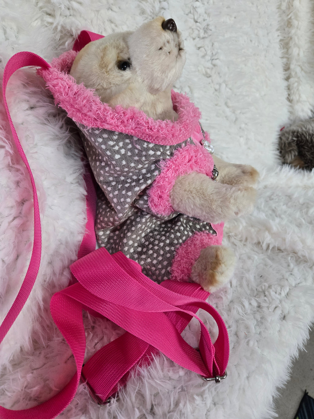 Pink and Gray polka dot dog backpack, front carrier. Size small 3lbs.