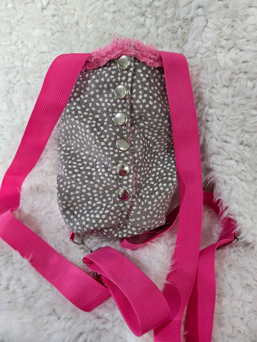 Pink and Gray polka dot dog backpack, front carrier. Size small 3lbs.