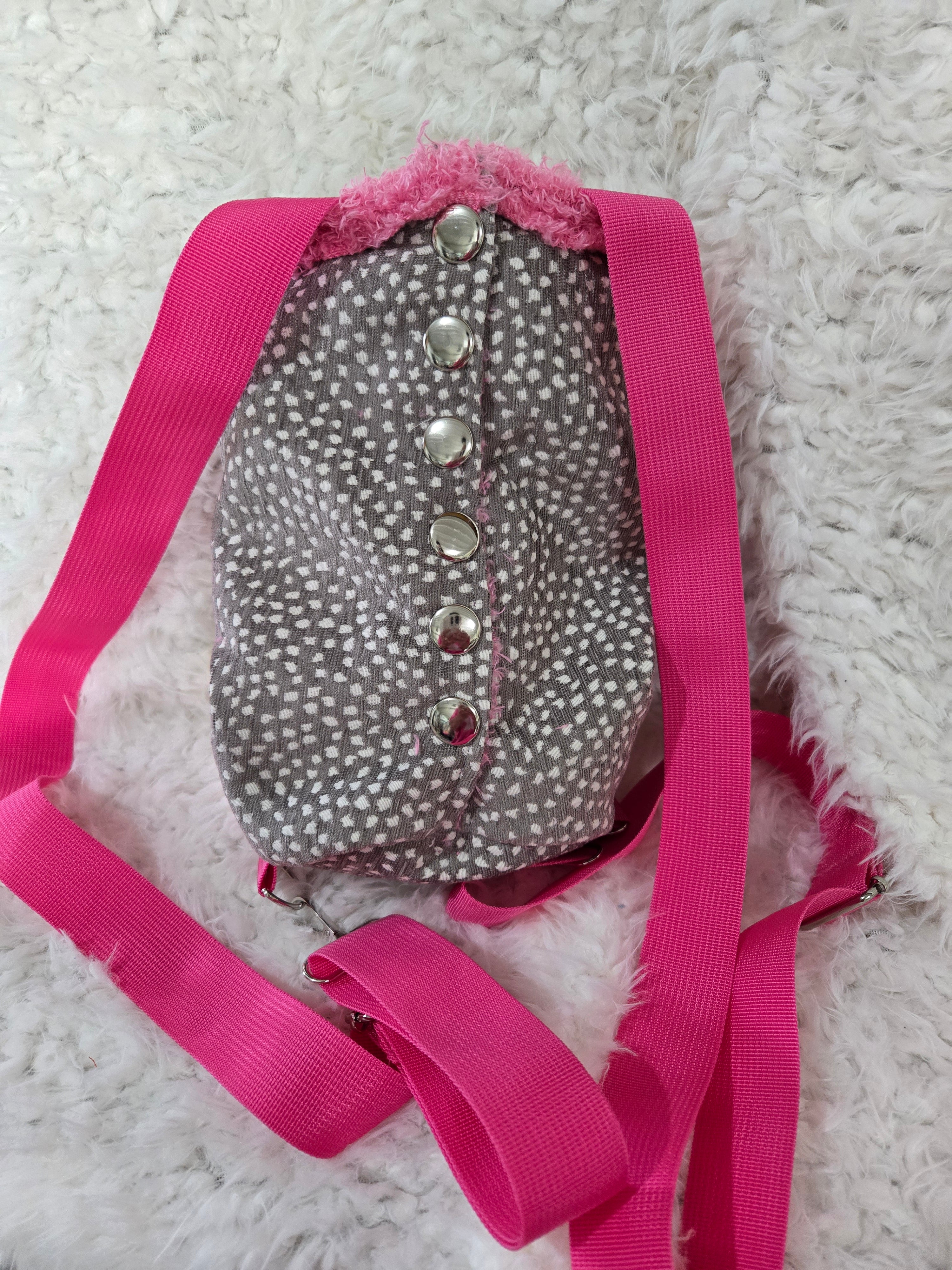 Pink and Gray polka dot dog backpack, front carrier. Size small 3lbs.