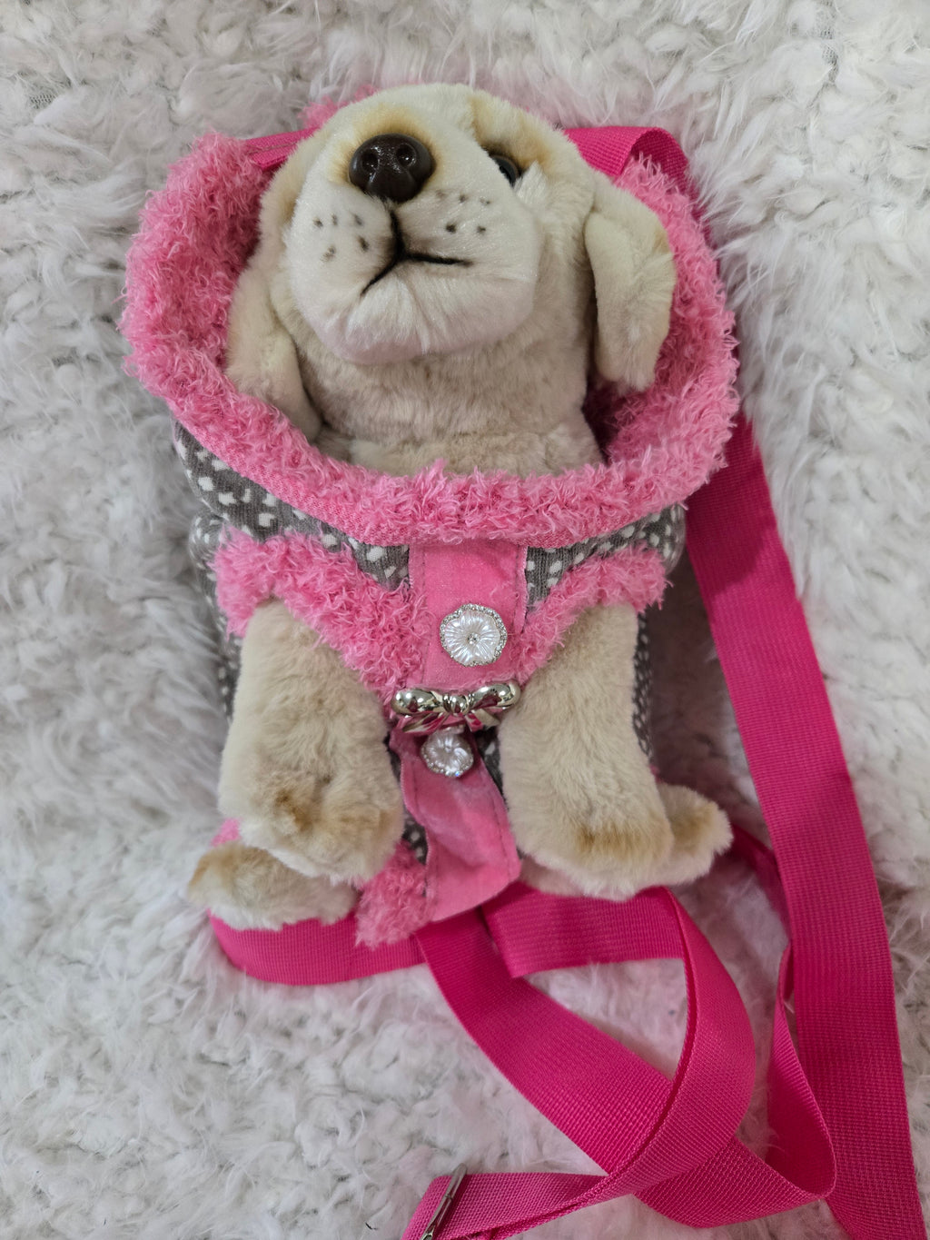 Pink and Gray polka dot dog backpack, front carrier. Size small 3lbs.