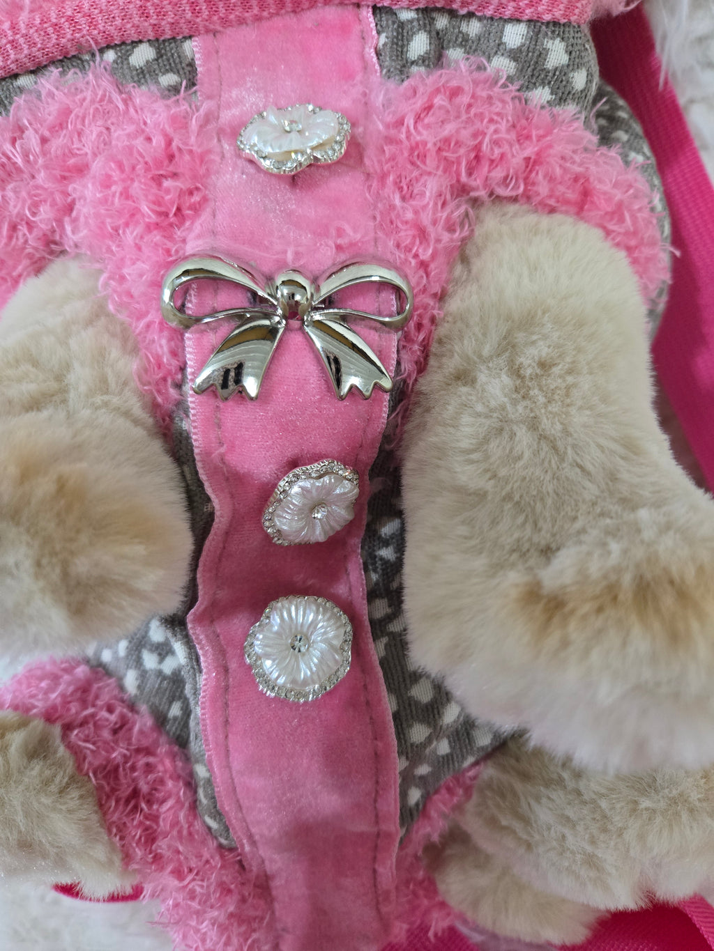 Pink and Gray polka dot dog backpack, front carrier. Size small 3lbs.
