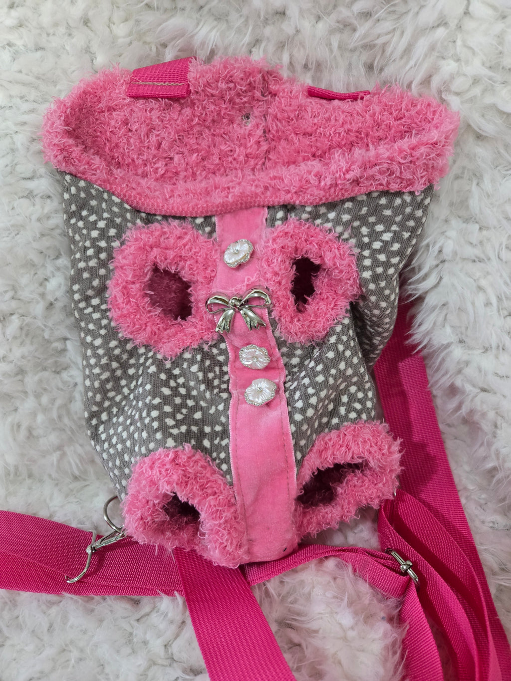 Pink and Gray polka dot dog backpack, front carrier. Size small 3lbs.