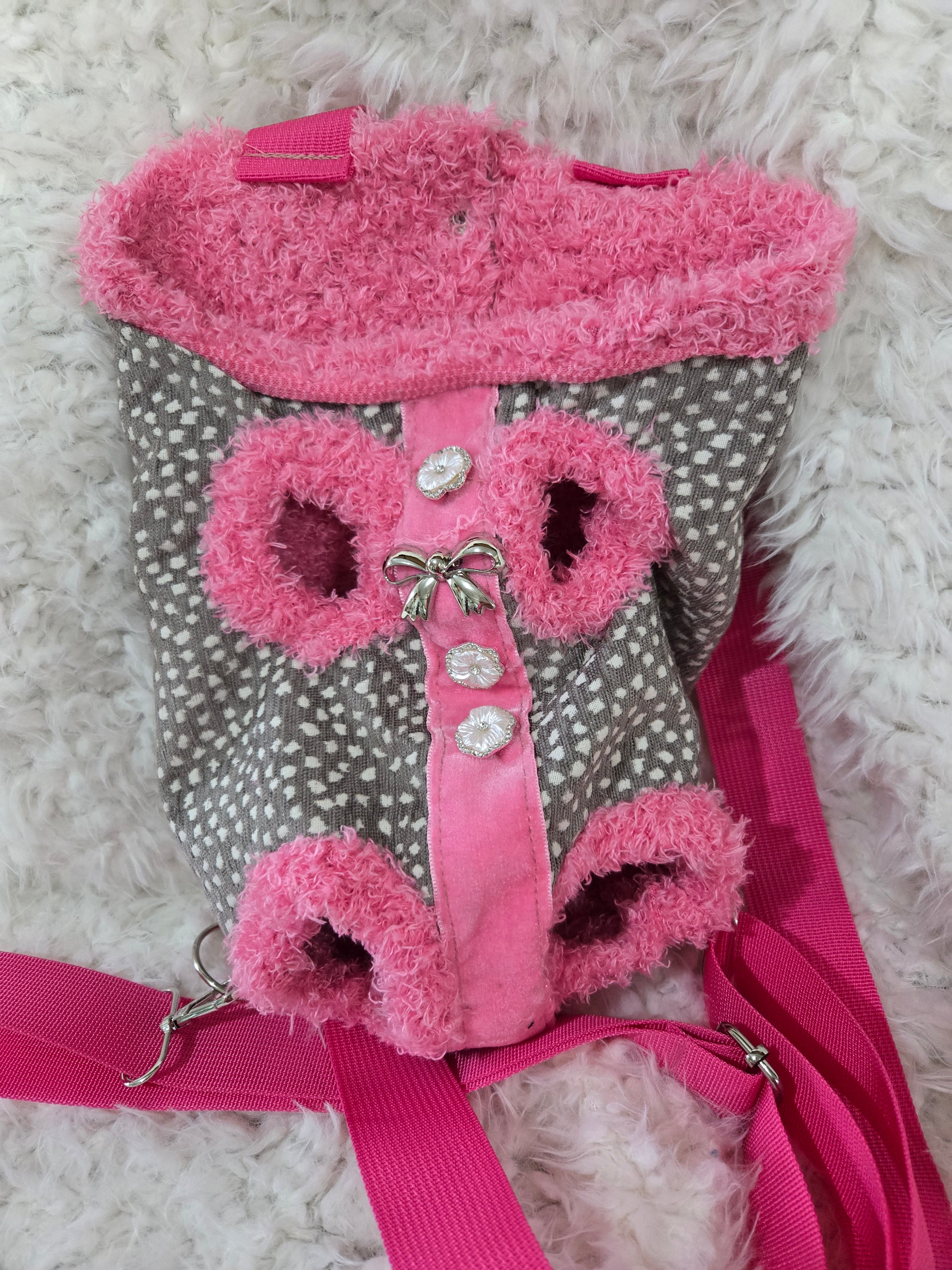 Pink and Gray polka dot dog backpack, front carrier. Size small 3lbs.