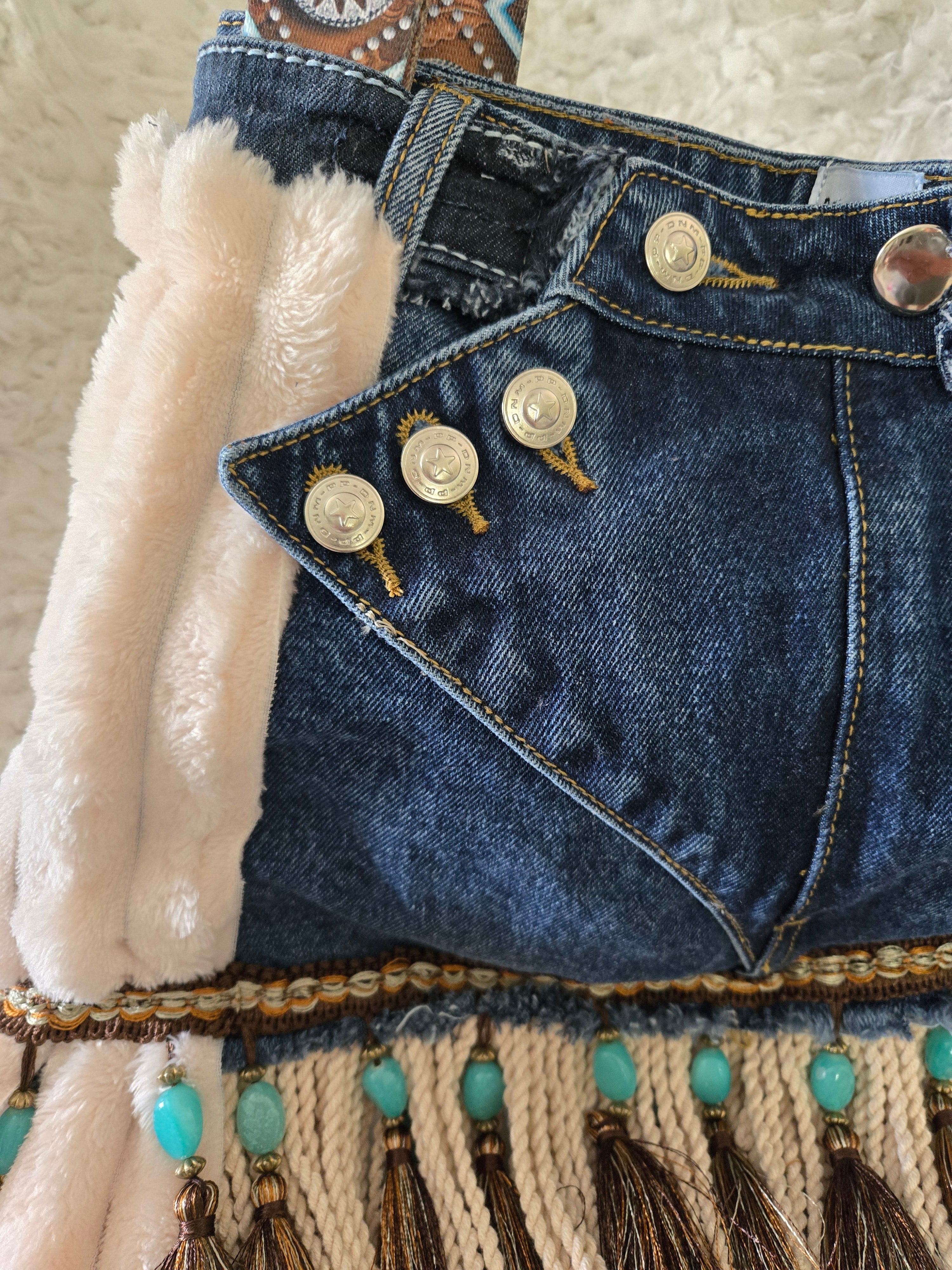 Jean purse with Fur and turquoise fringe embellishments, extremely cute. Medium to large size.