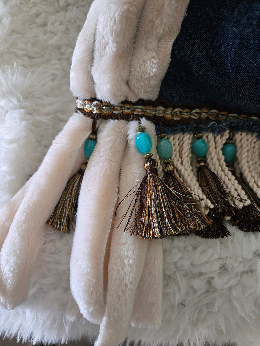 Jean purse with Fur and turquoise fringe embellishments, extremely cute. Medium to large size.