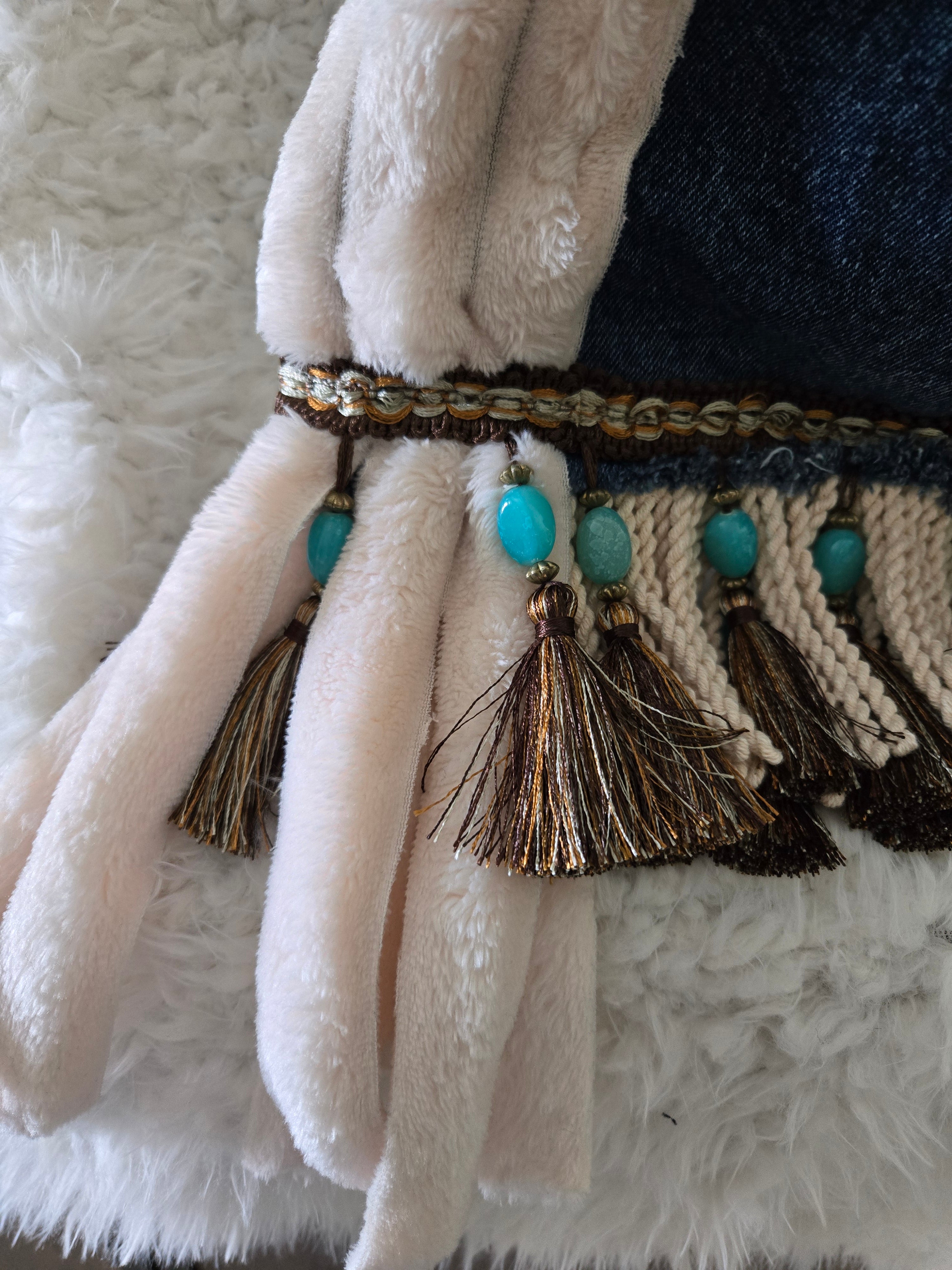 Jean purse with Fur and turquoise fringe embellishments, extremely cute. Medium to large size.