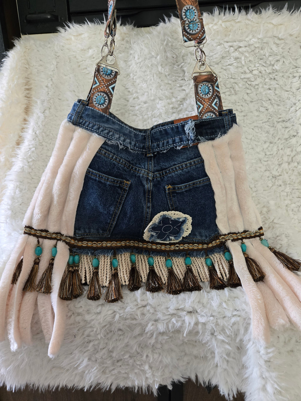 Jean purse with Fur and turquoise fringe embellishments, extremely cute. Medium to large size.