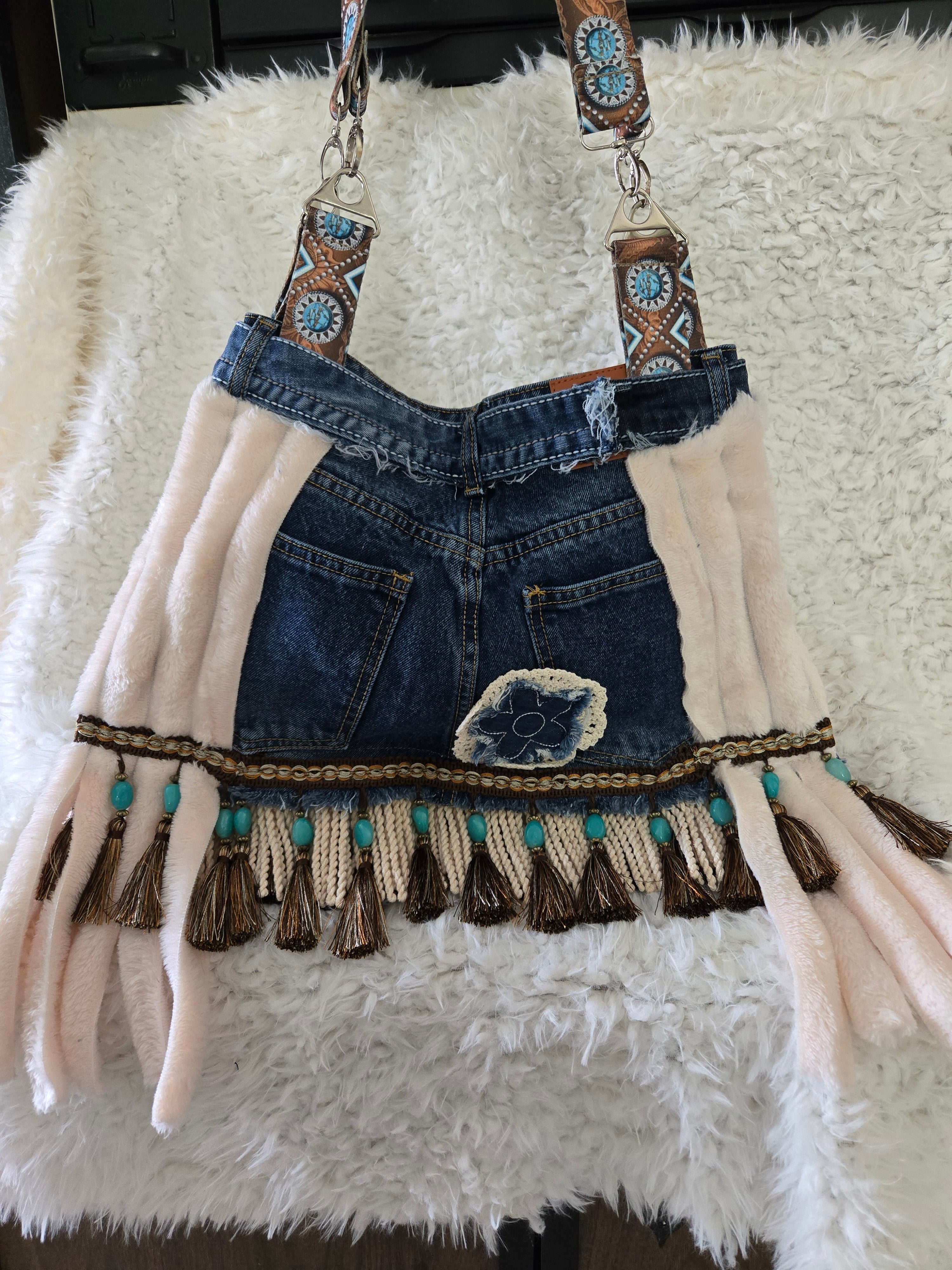 Jean purse with Fur and turquoise fringe embellishments, extremely cute. Medium to large size.