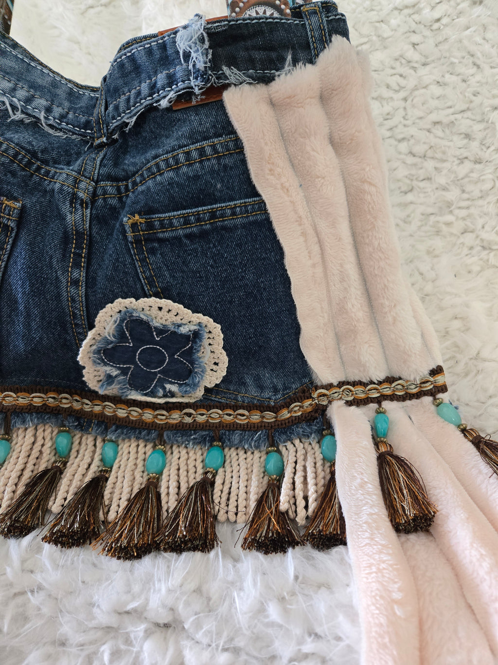 Jean purse with Fur and turquoise fringe embellishments, extremely cute. Medium to large size.