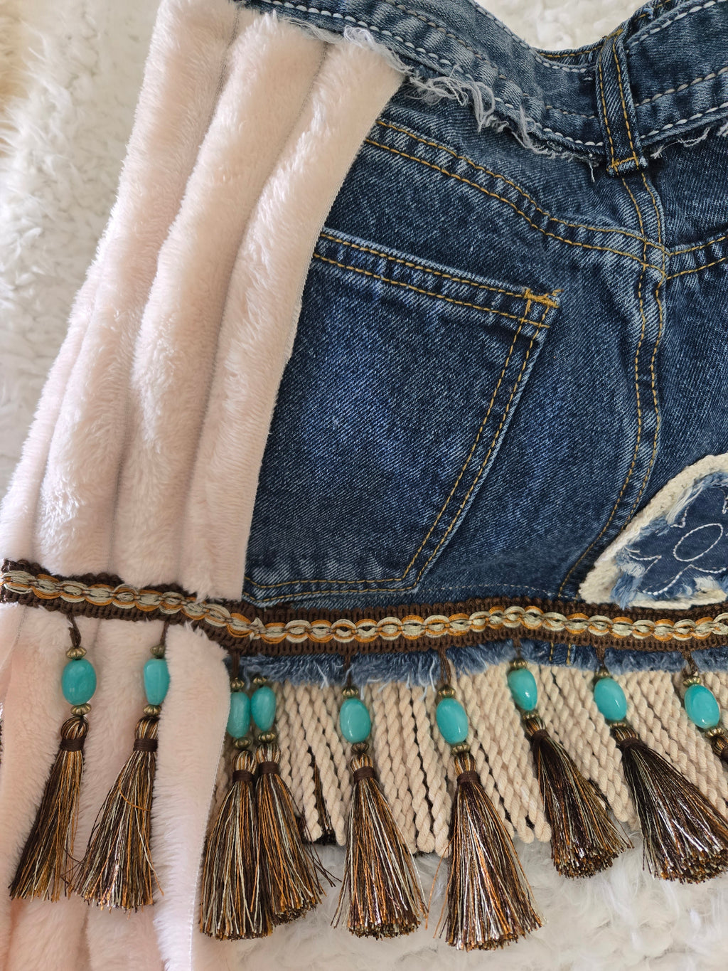 Jean purse with Fur and turquoise fringe embellishments, extremely cute. Medium to large size.