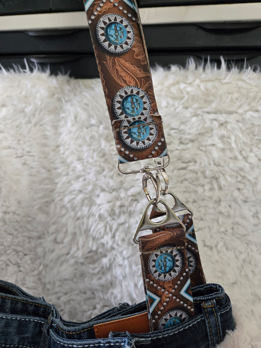Jean purse with Fur and turquoise fringe embellishments, extremely cute. Medium to large size.