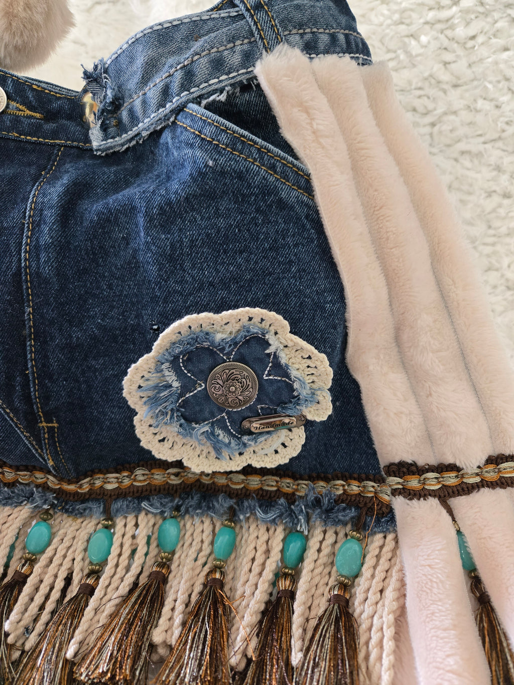 Jean purse with Fur and turquoise fringe embellishments, extremely cute. Medium to large size.